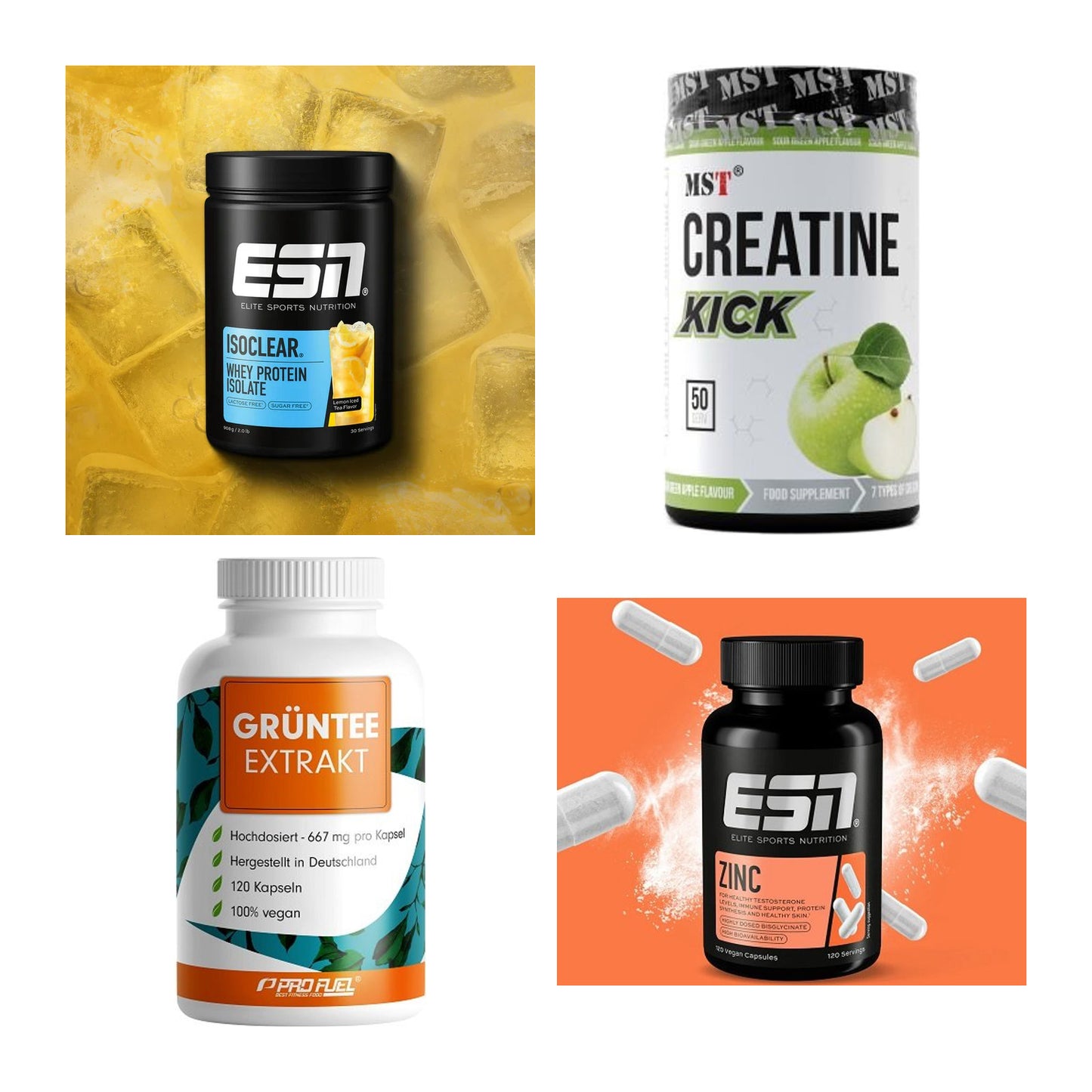 Wettkampfvorbereitung: ESN ISOCLEAR + MST Creatine + 2 weitere – alle enthaltenen Artikel