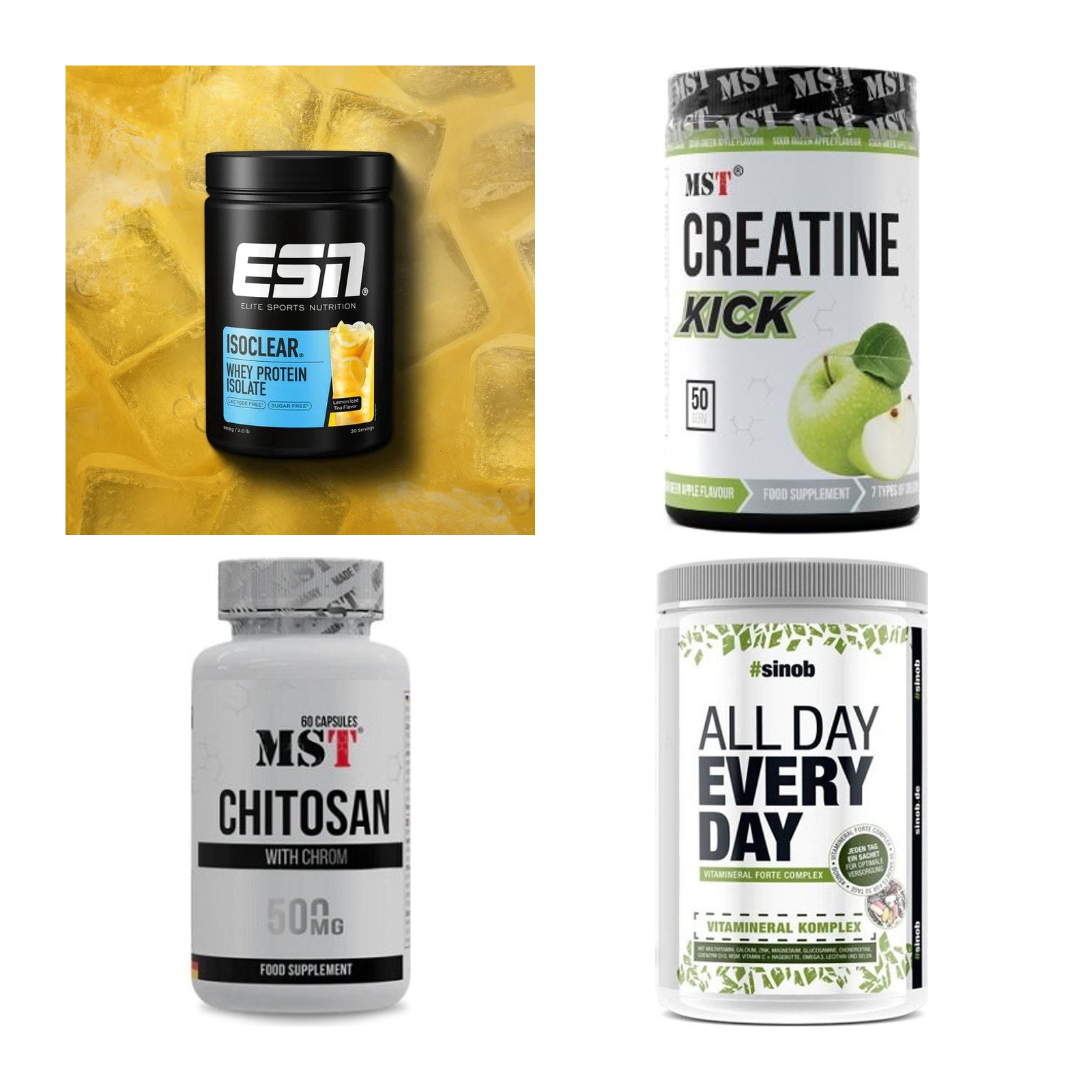 Wettkampfvorbereitung: ESN ISOCLEAR + MST Creatine + 2 weitere – alle enthaltenen Artikel