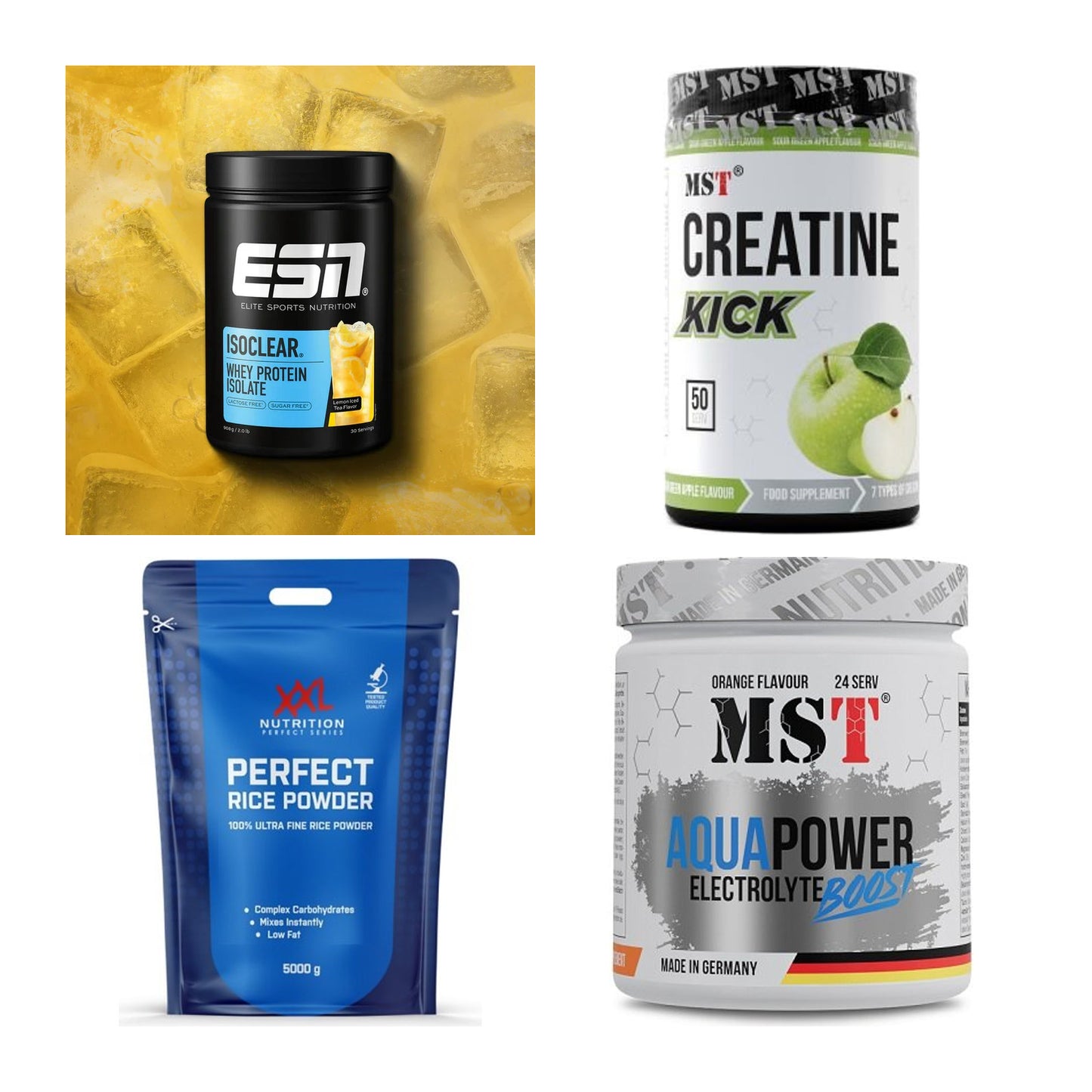 Wettkampfvorbereitung: ESN ISOCLEAR + MST Creatine + 2 weitere – alle enthaltenen Artikel