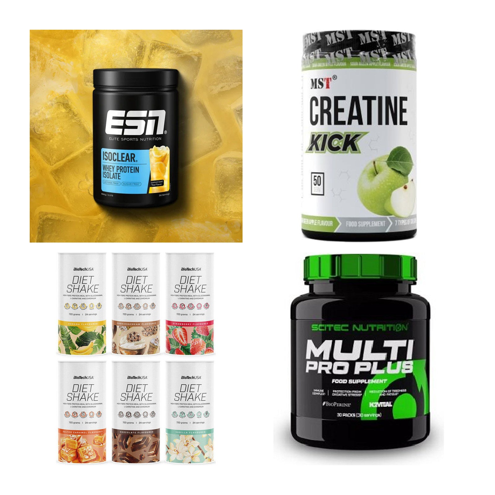 Wettkampfvorbereitung: ESN ISOCLEAR + MST Creatine + 2 weitere – alle enthaltenen Artikel
