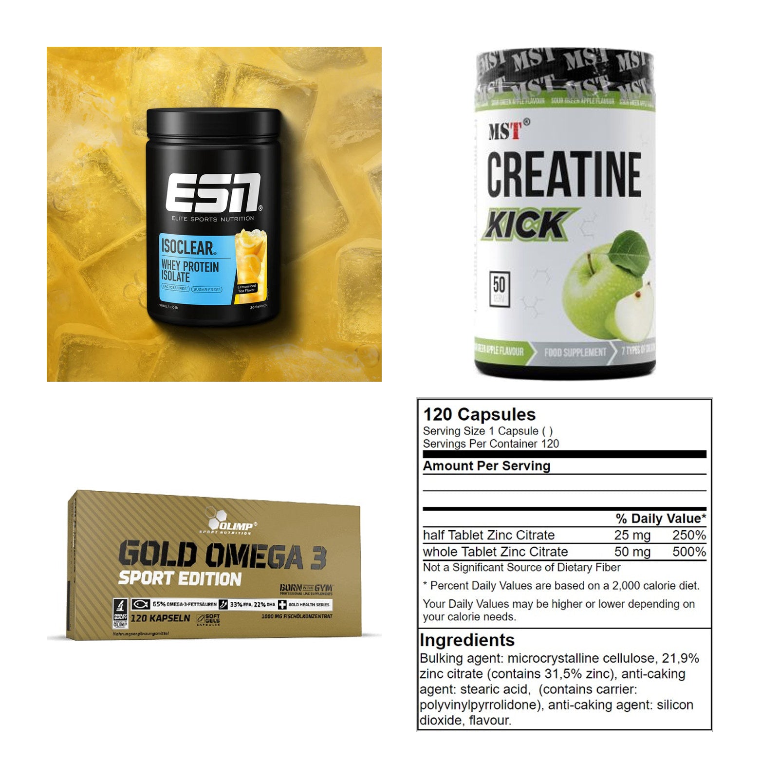 Wettkampfvorbereitung: ESN ISOCLEAR + MST Creatine + 2 weitere – alle enthaltenen Artikel