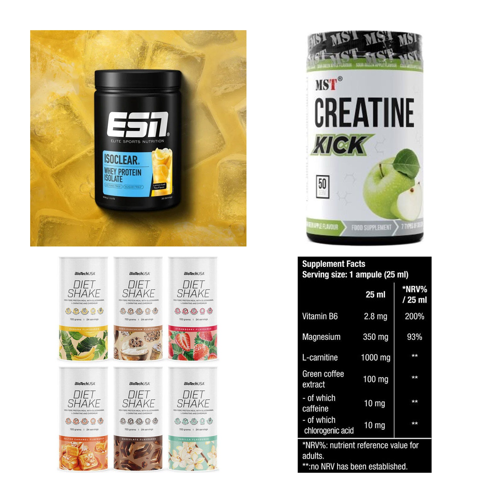 Wettkampfvorbereitung: ESN ISOCLEAR + MST Creatine + 2 weitere – alle enthaltenen Artikel