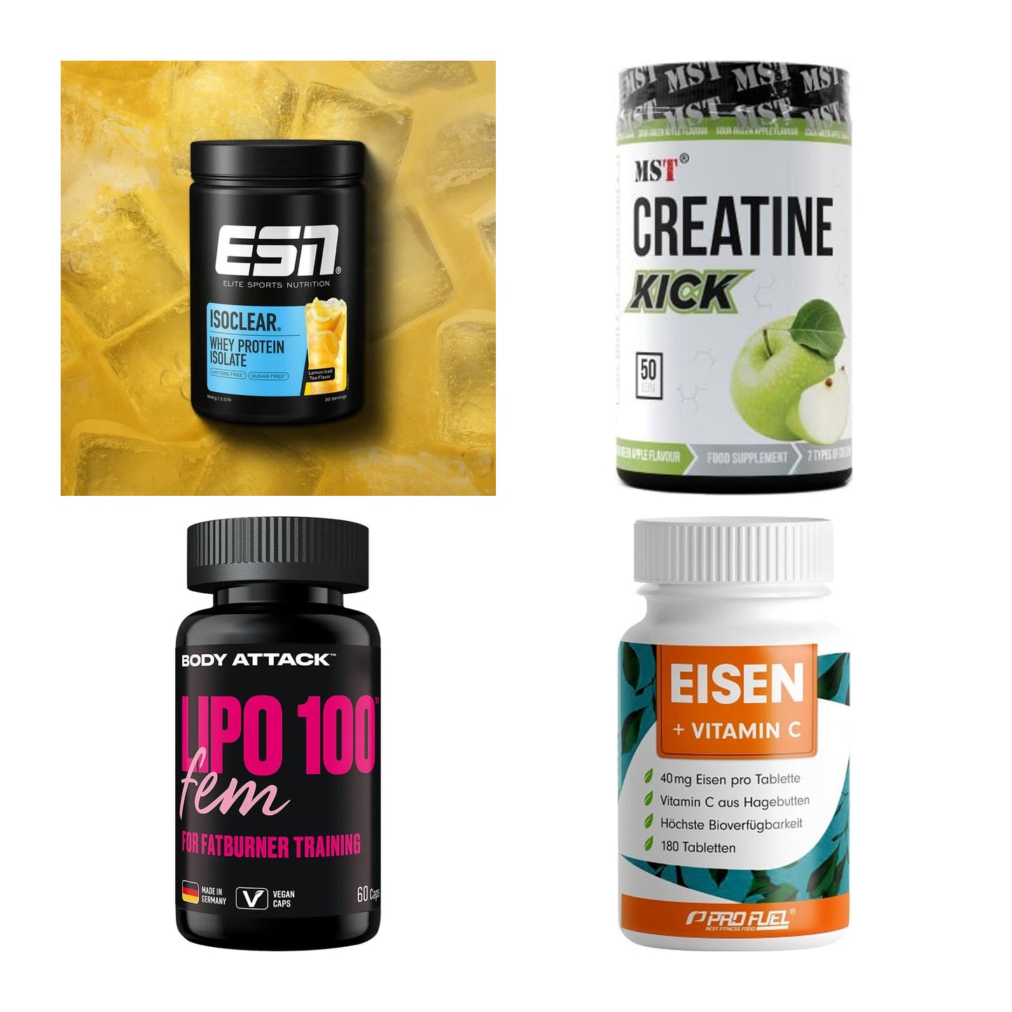 Wettkampfvorbereitung: ESN ISOCLEAR + MST Creatine + 2 weitere – alle enthaltenen Artikel