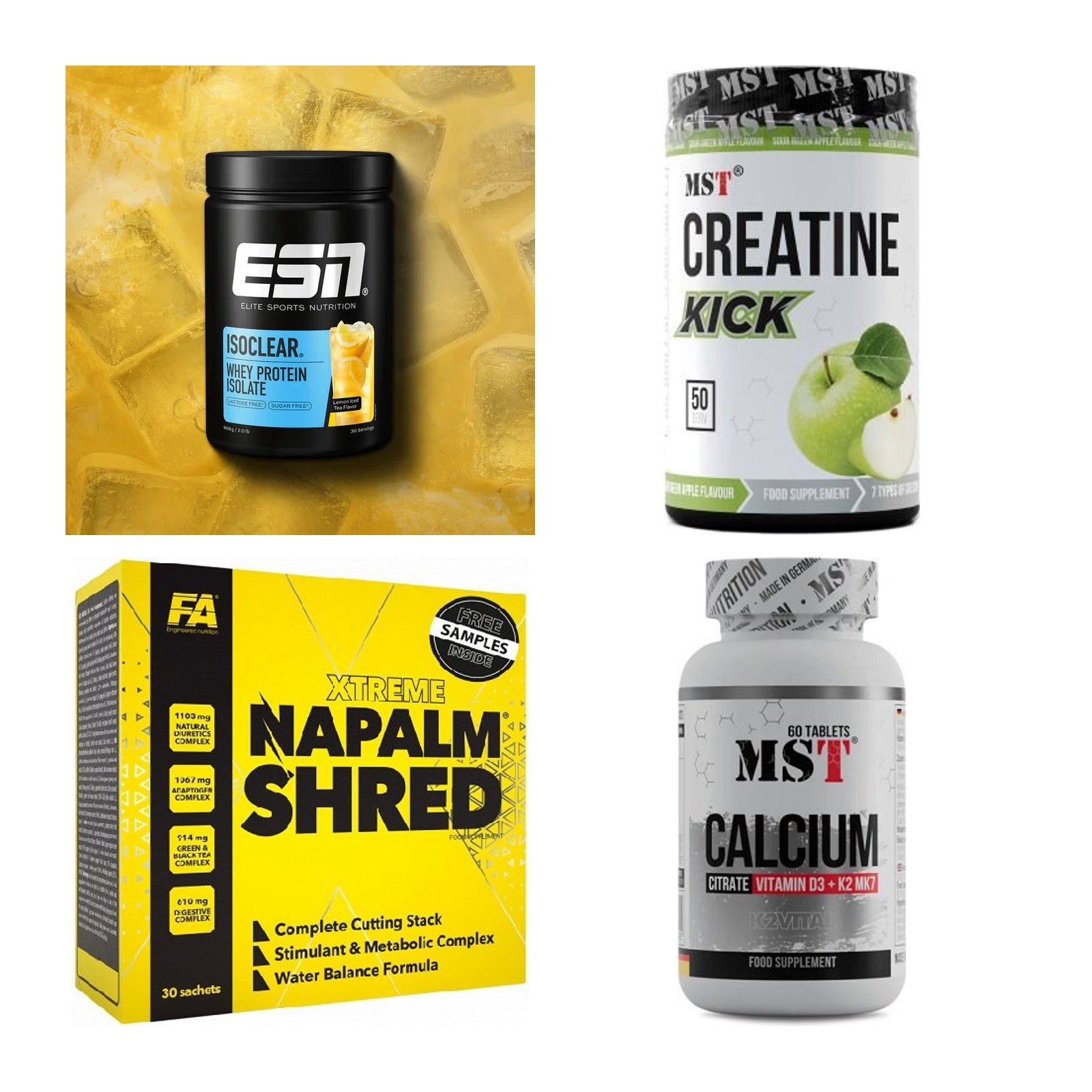 Wettkampfvorbereitung: ESN ISOCLEAR + MST Creatine + 2 weitere – alle enthaltenen Artikel