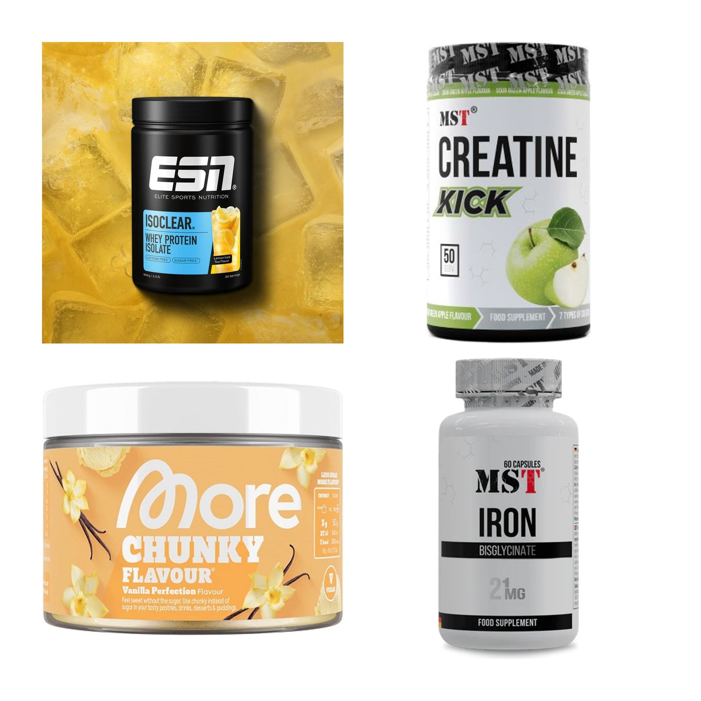 Wettkampfvorbereitung: ESN ISOCLEAR + MST Creatine + 2 weitere – alle enthaltenen Artikel