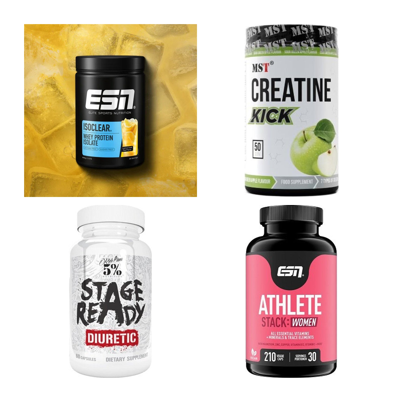 Wettkampfvorbereitung: ESN ISOCLEAR + MST Creatine + 2 weitere – alle enthaltenen Artikel