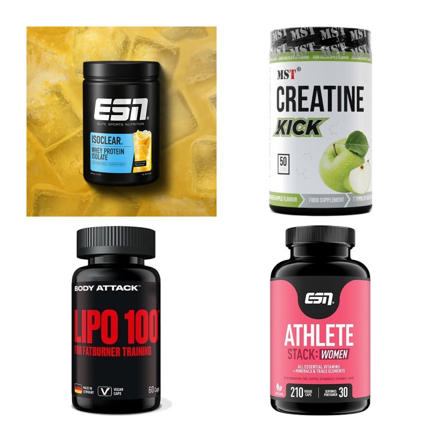 Wettkampfvorbereitung: ESN ISOCLEAR + MST Creatine + 2 weitere – alle enthaltenen Artikel