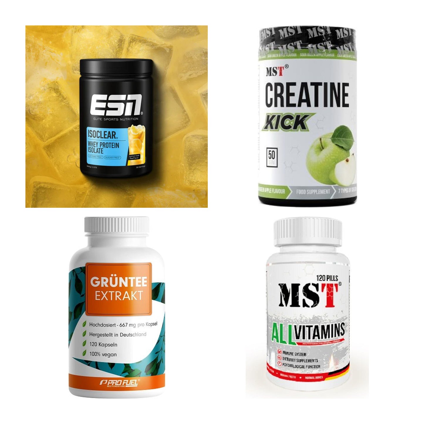 Wettkampfvorbereitung: ESN ISOCLEAR + MST Creatine + 2 weitere – alle enthaltenen Artikel