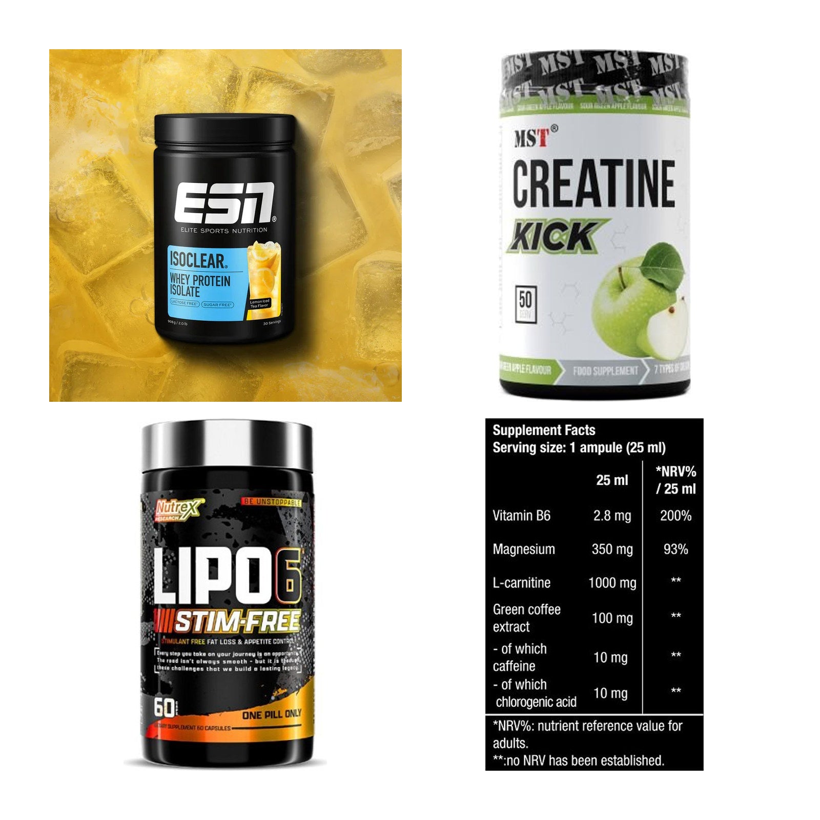 Wettkampfvorbereitung: ESN ISOCLEAR + MST Creatine + 2 weitere – alle enthaltenen Artikel