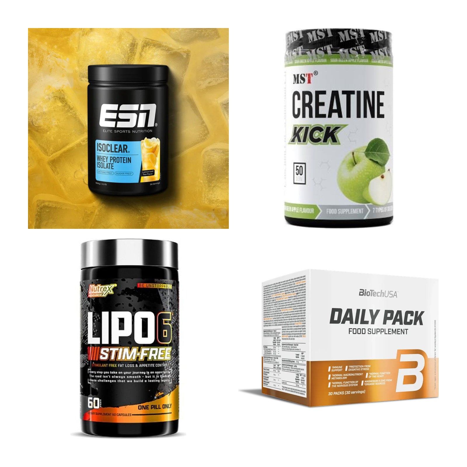 Wettkampfvorbereitung: ESN ISOCLEAR + MST Creatine + 2 weitere – alle enthaltenen Artikel