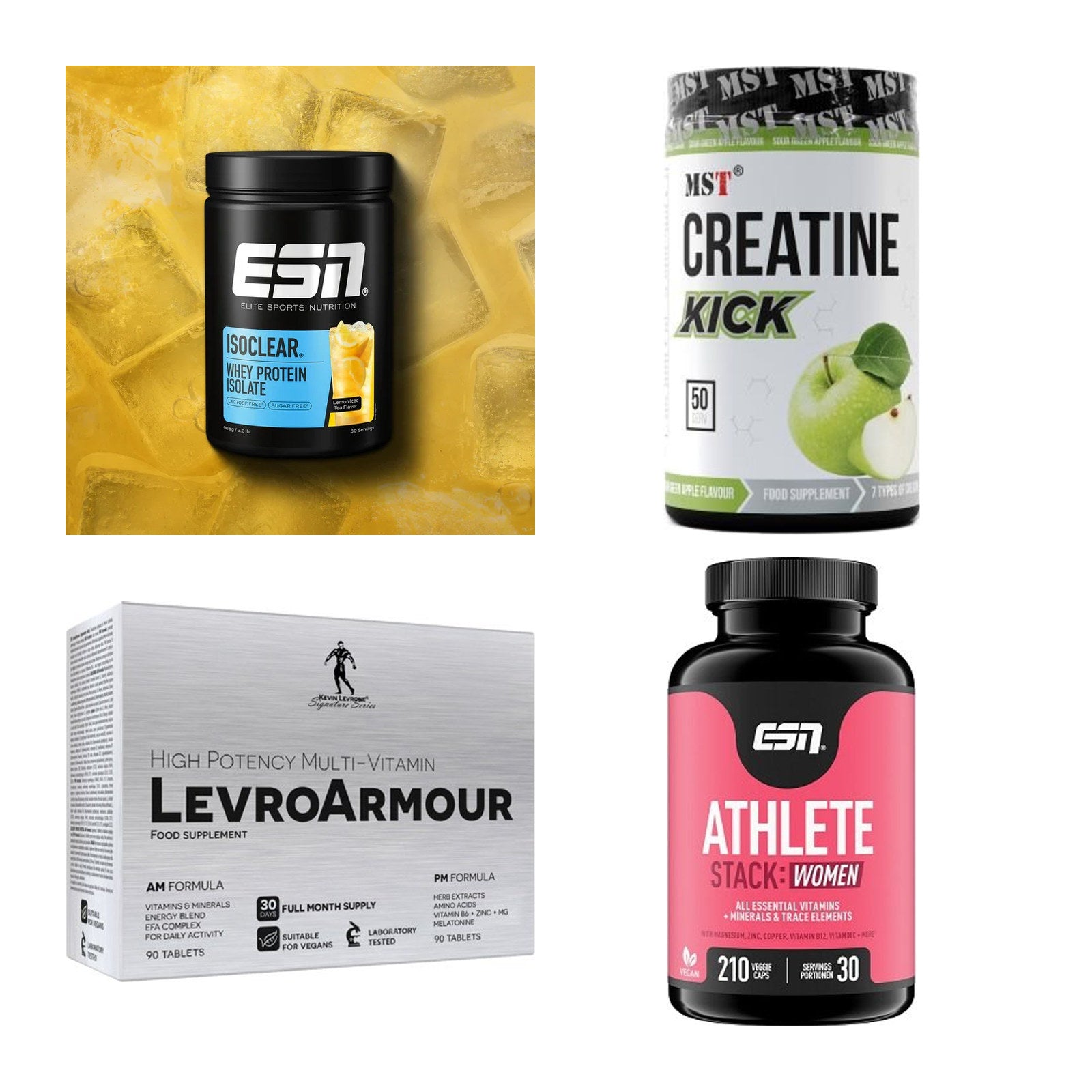 Wettkampfvorbereitung: ESN ISOCLEAR + MST Creatine + 2 weitere – alle enthaltenen Artikel