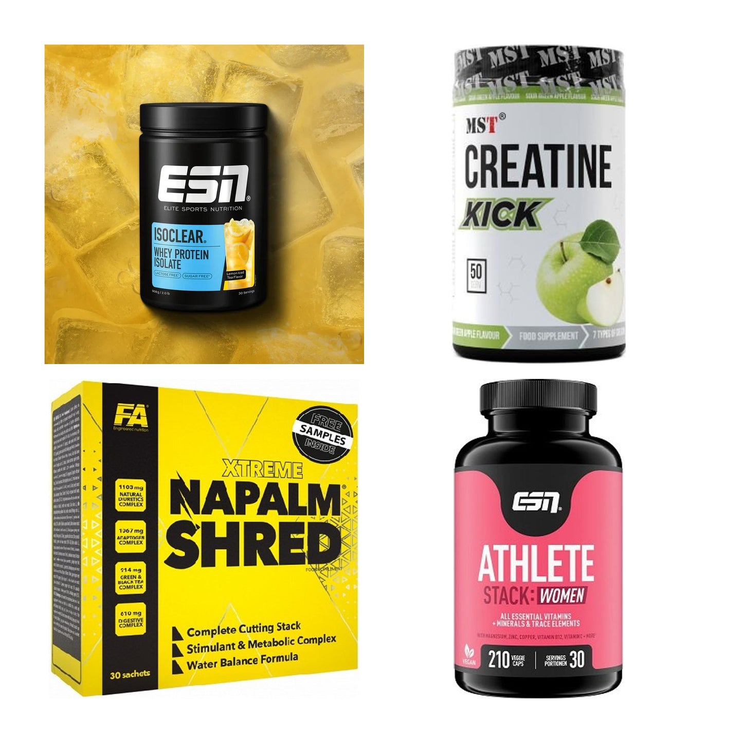 Wettkampfvorbereitung: ESN ISOCLEAR + MST Creatine + 2 weitere – alle enthaltenen Artikel