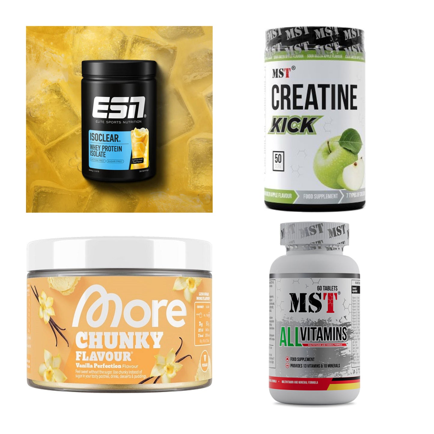 Wettkampfvorbereitung: ESN ISOCLEAR + MST Creatine + 2 weitere – alle enthaltenen Artikel