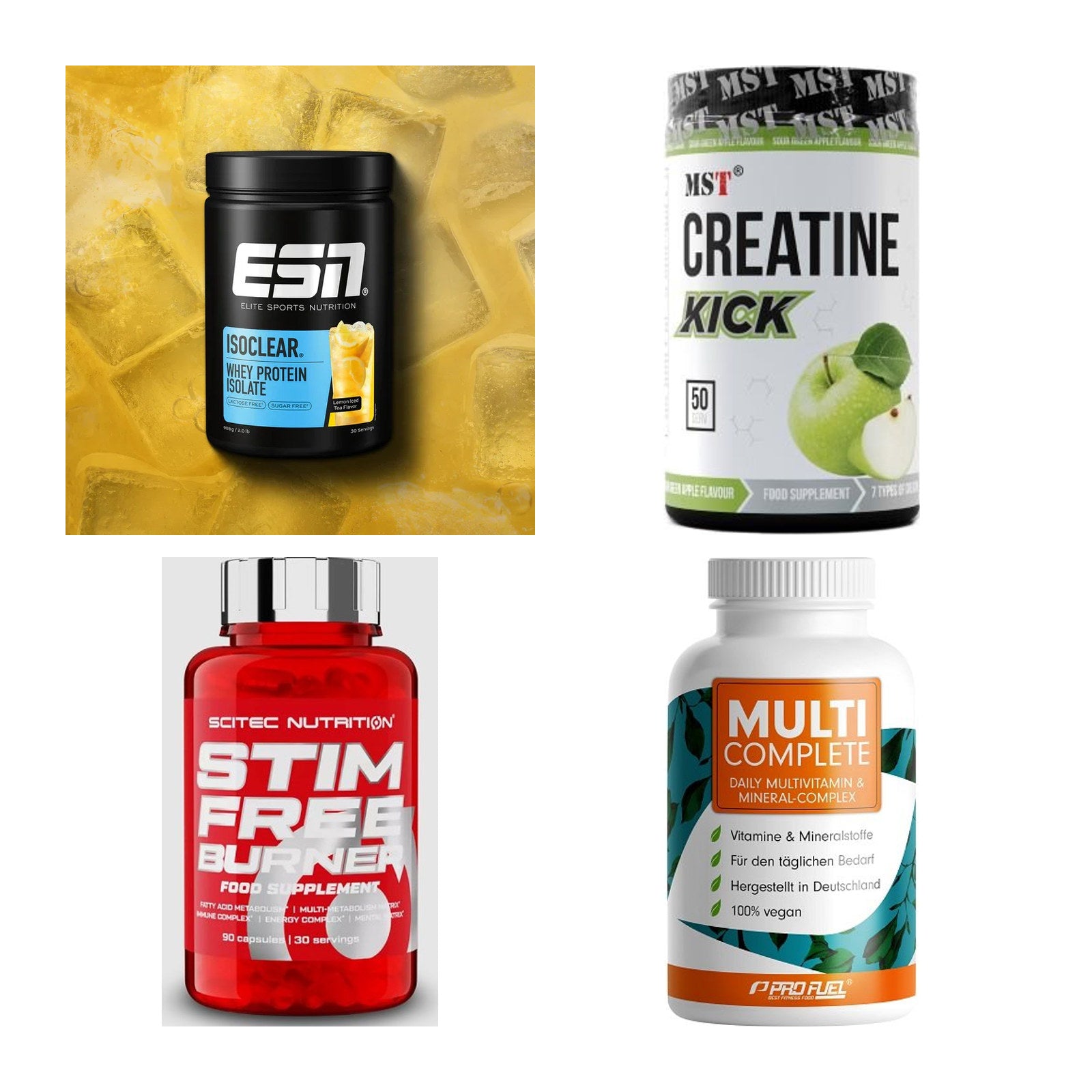 Wettkampfvorbereitung: ESN ISOCLEAR + MST Creatine + 2 weitere – alle enthaltenen Artikel
