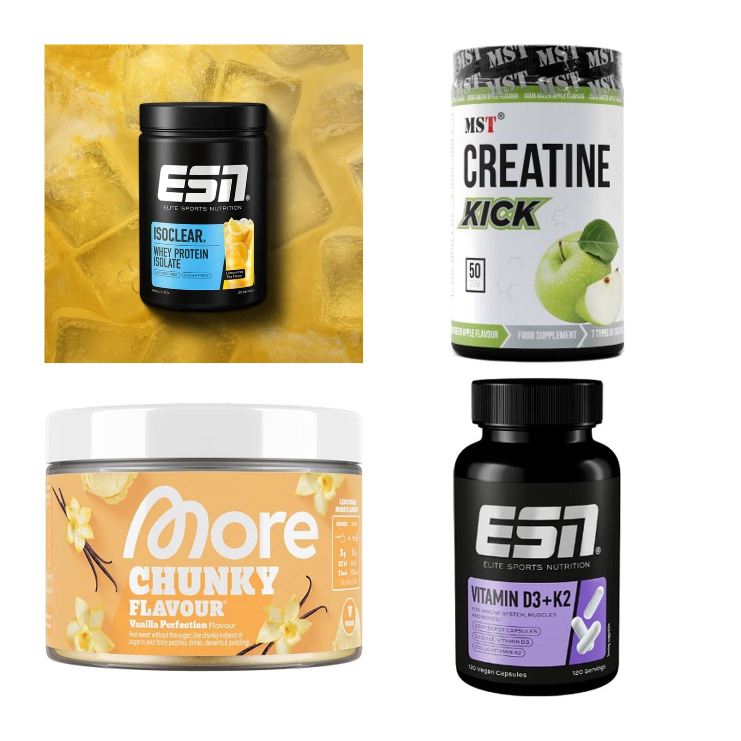 Wettkampfvorbereitung: ESN ISOCLEAR + MST Creatine + 2 weitere – alle enthaltenen Artikel