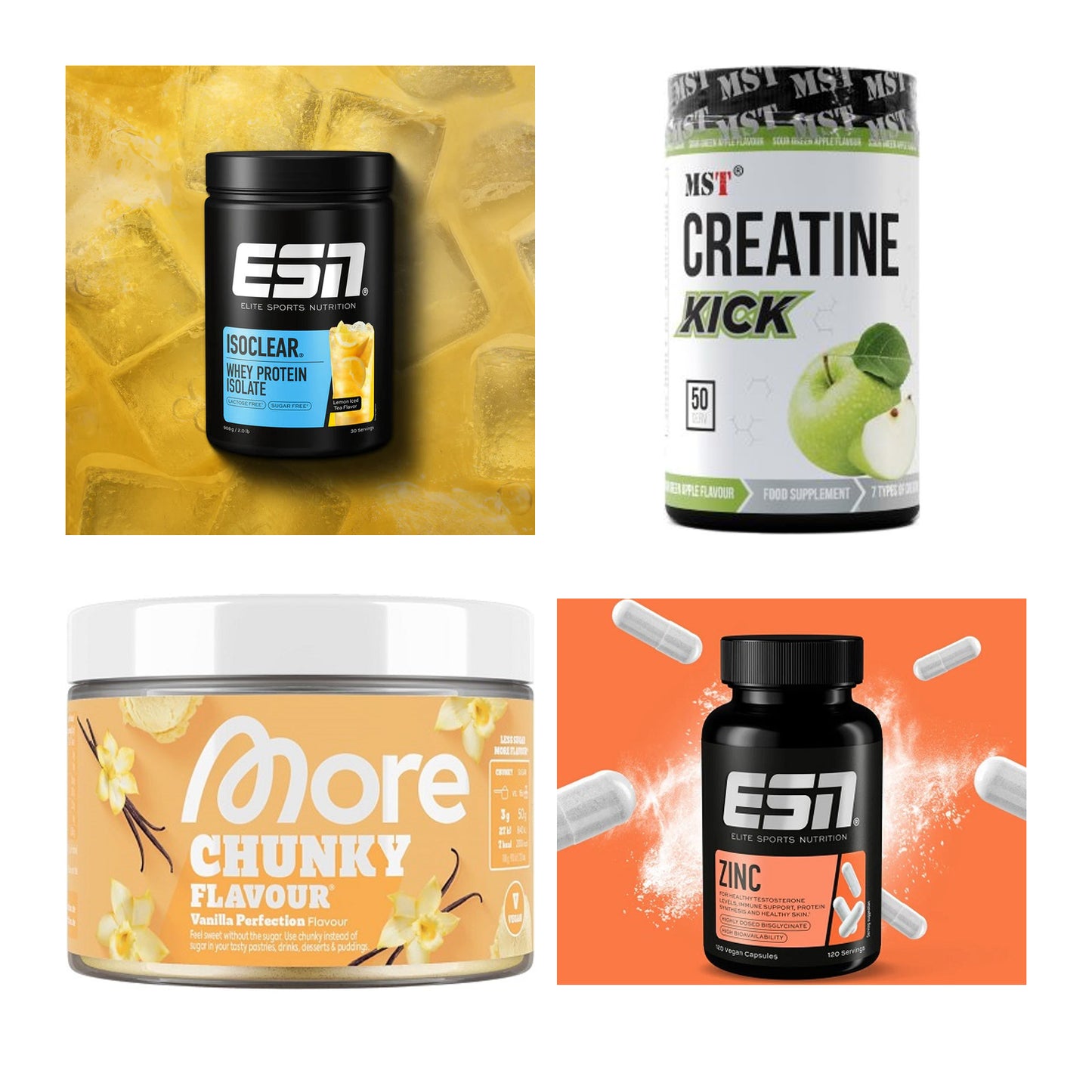 Wettkampfvorbereitung: ESN ISOCLEAR + MST Creatine + 2 weitere – alle enthaltenen Artikel