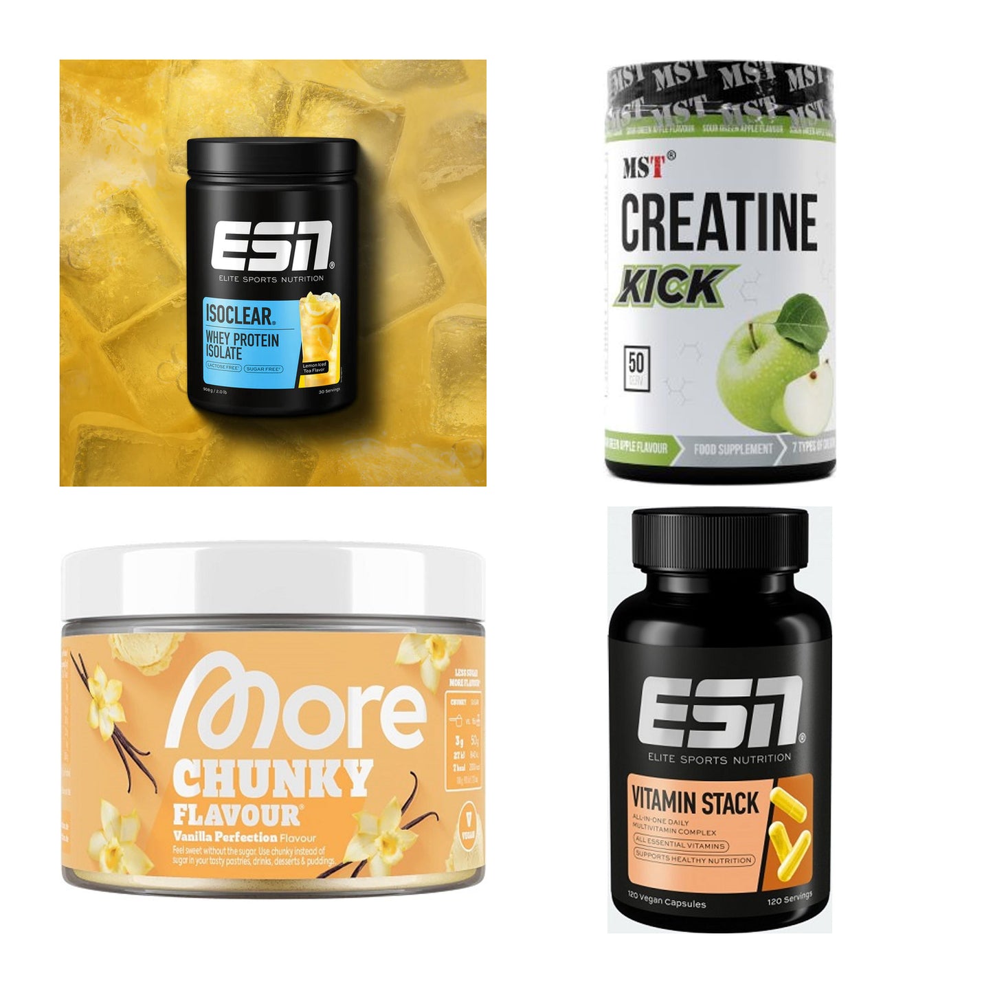 Wettkampfvorbereitung: ESN ISOCLEAR + MST Creatine + 2 weitere – alle enthaltenen Artikel