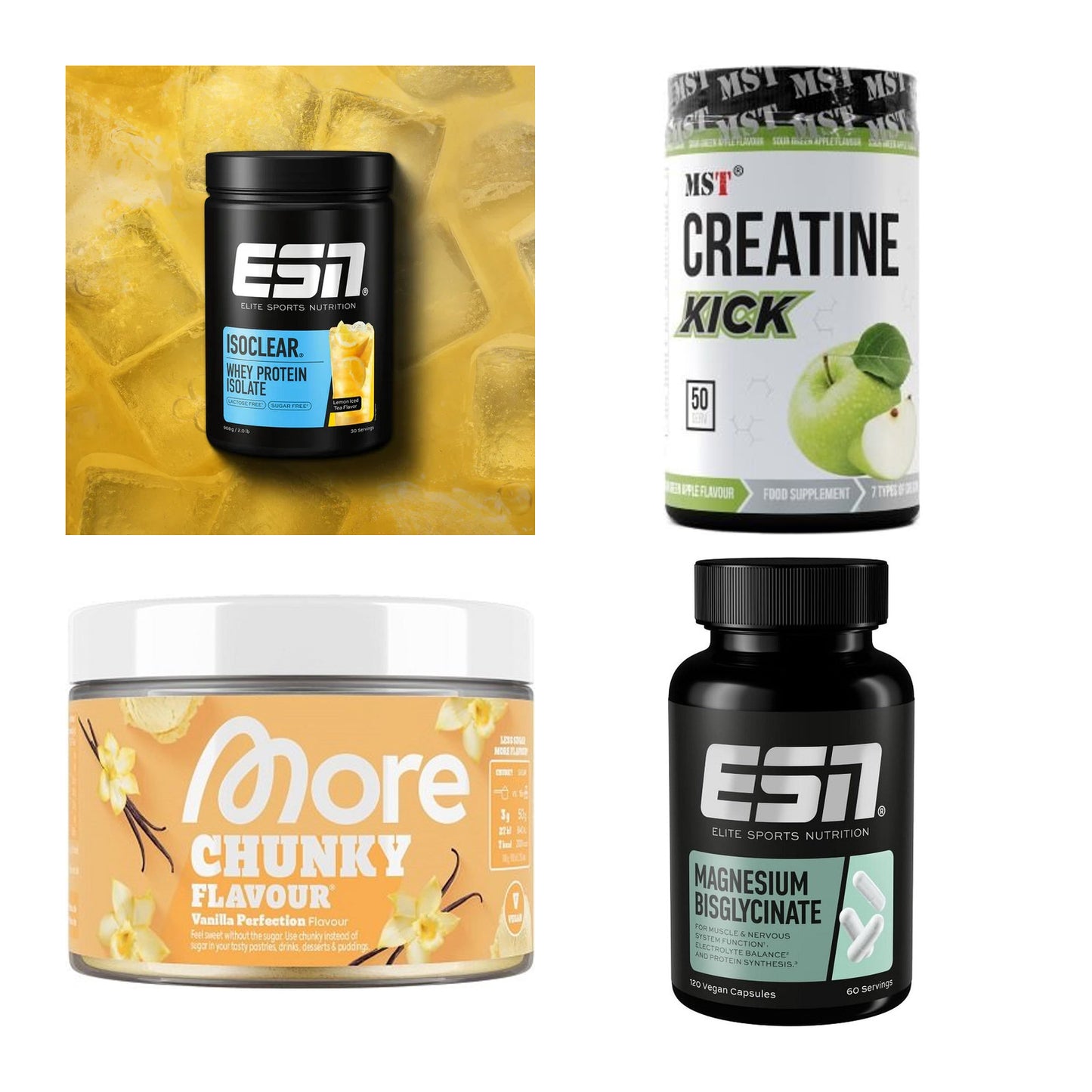 Wettkampfvorbereitung: ESN ISOCLEAR + MST Creatine + 2 weitere – alle enthaltenen Artikel