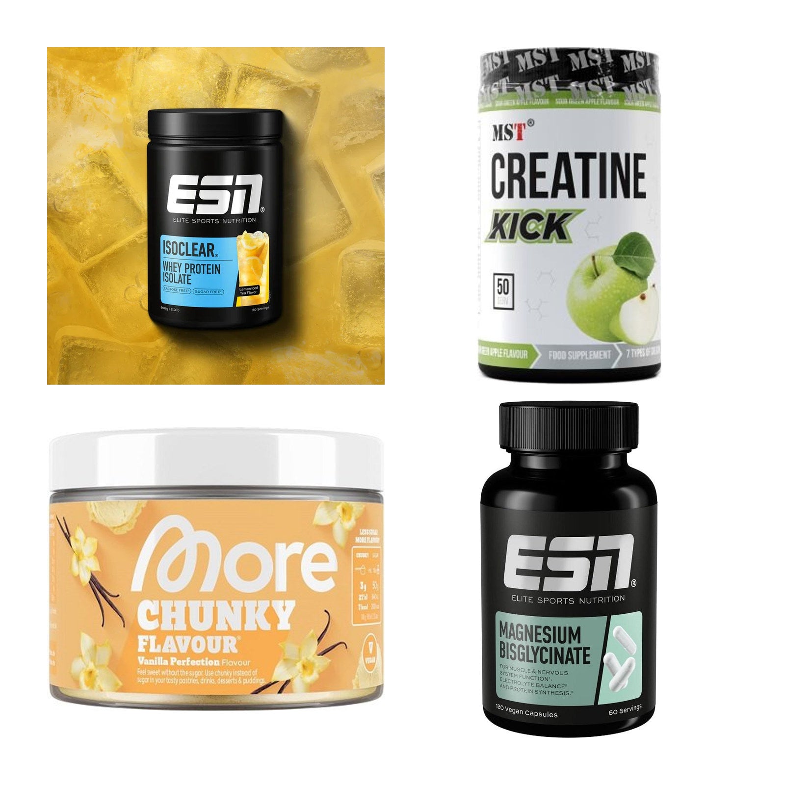 Wettkampfvorbereitung: ESN ISOCLEAR + MST Creatine + 2 weitere – alle enthaltenen Artikel