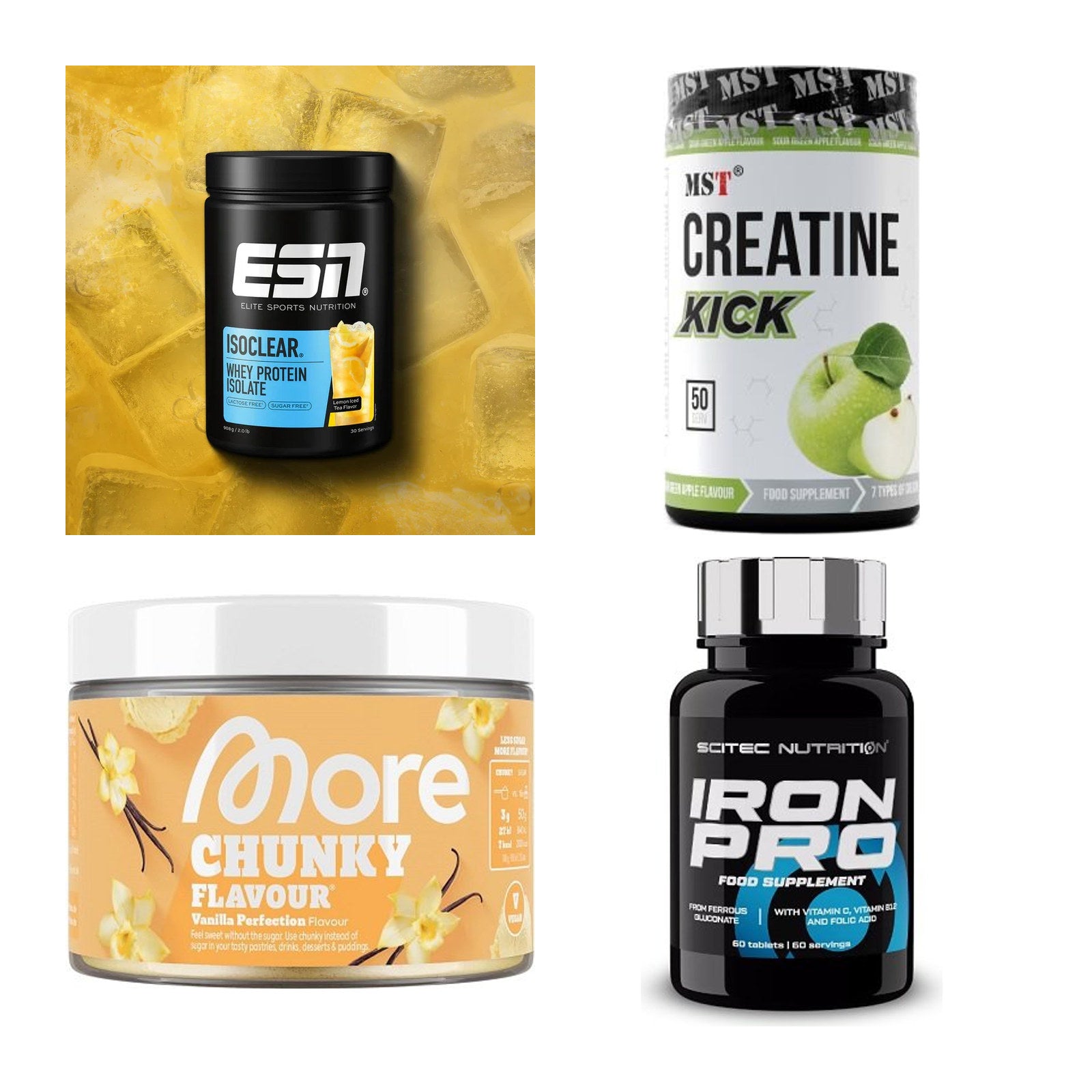 Wettkampfvorbereitung: ESN ISOCLEAR + MST Creatine + 2 weitere – alle enthaltenen Artikel