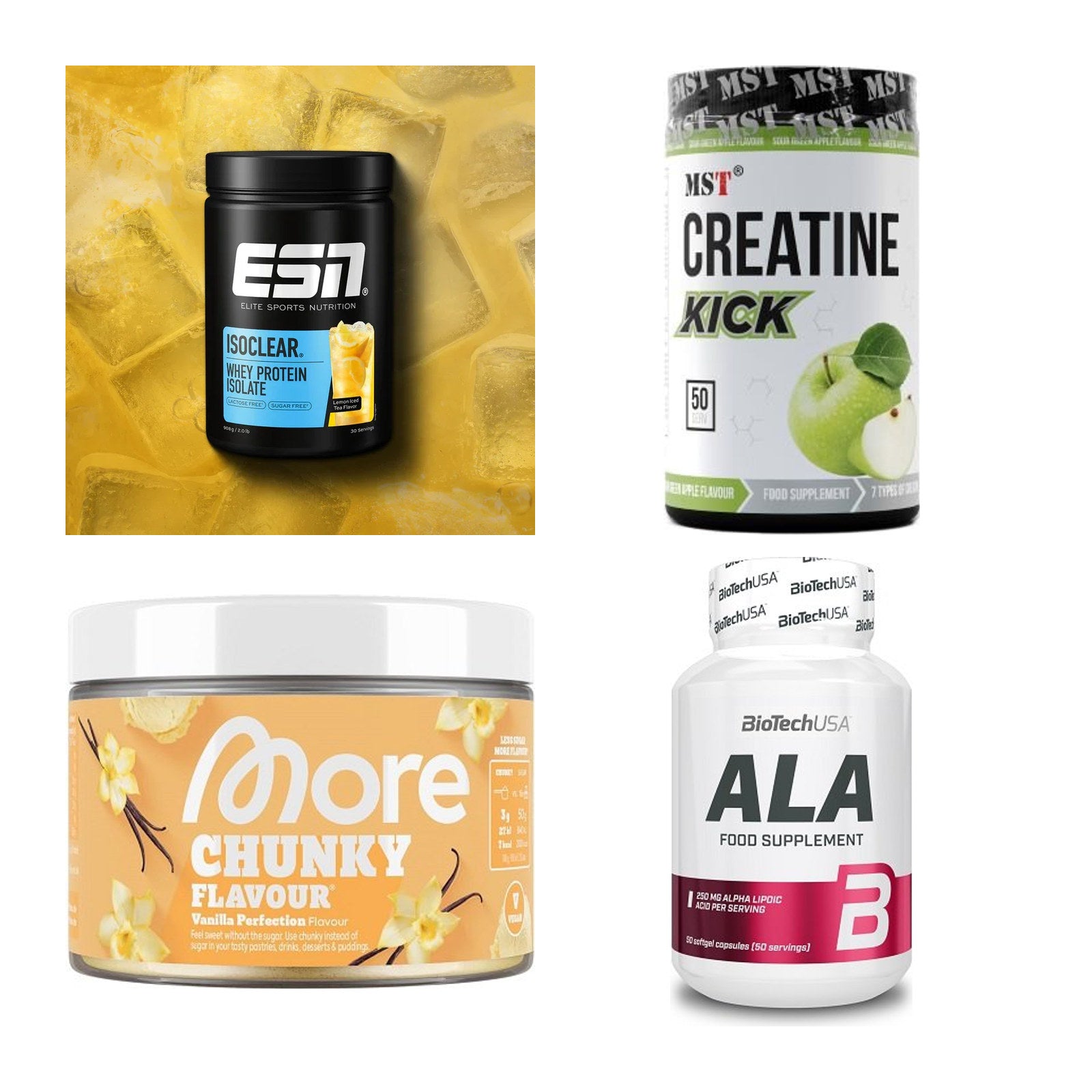 Wettkampfvorbereitung: ESN ISOCLEAR + MST Creatine + 2 weitere – alle enthaltenen Artikel