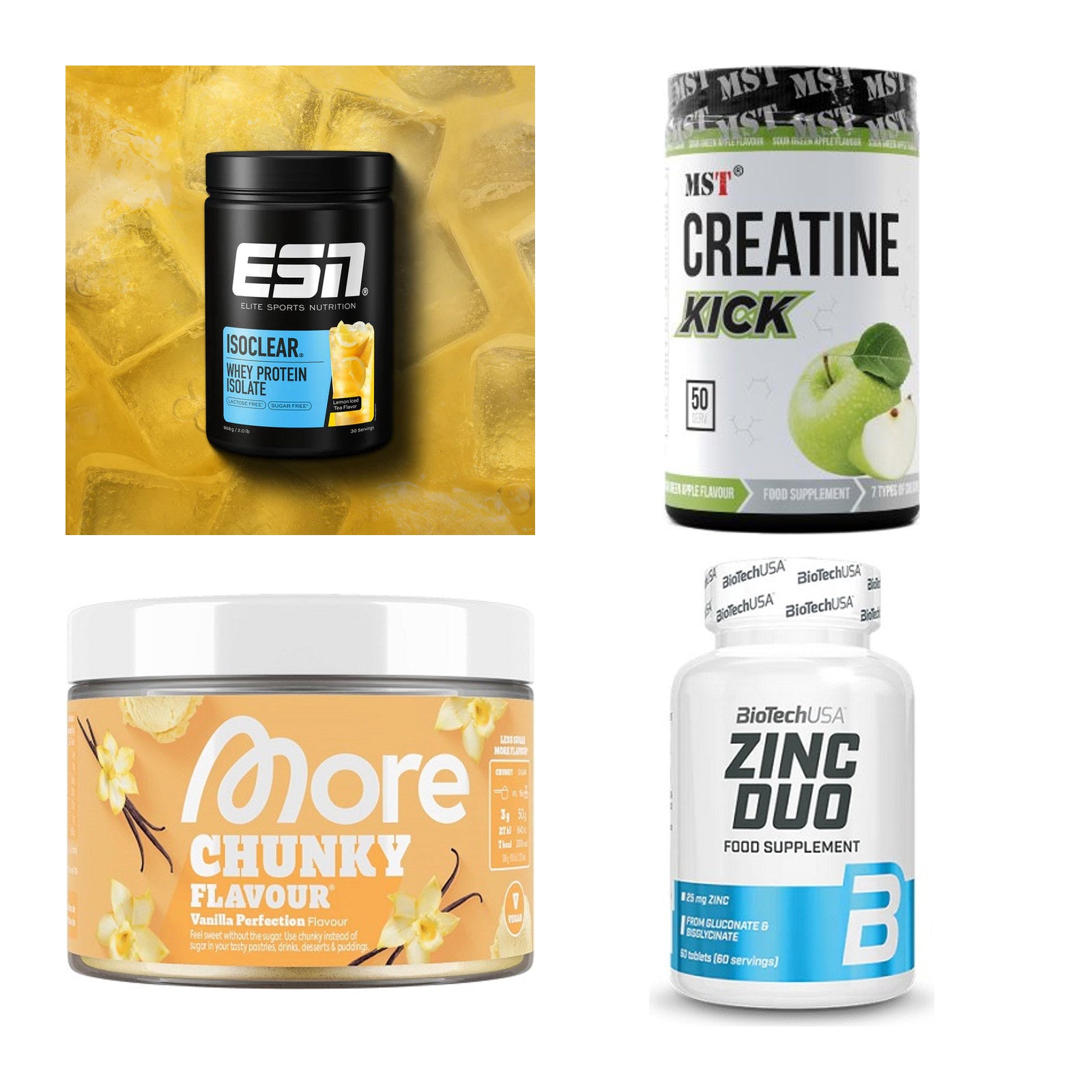 Wettkampfvorbereitung: ESN ISOCLEAR + MST Creatine + 2 weitere – alle enthaltenen Artikel