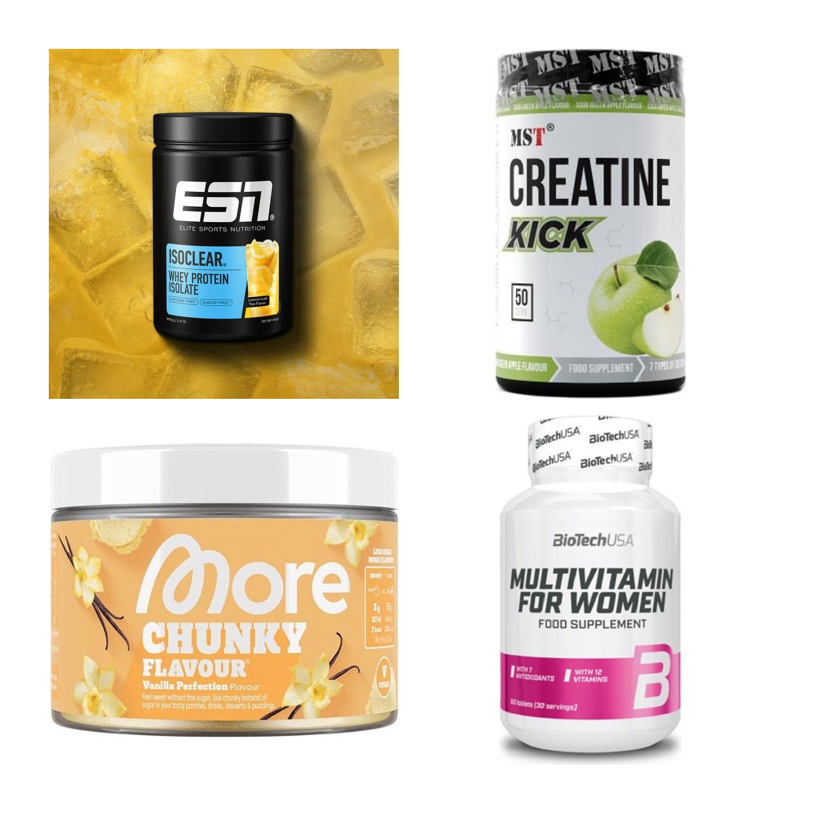Wettkampfvorbereitung: ESN ISOCLEAR + MST Creatine + 2 weitere – alle enthaltenen Artikel