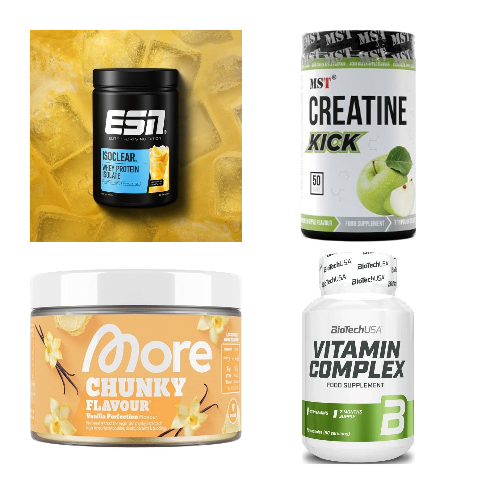 Wettkampfvorbereitung: ESN ISOCLEAR + MST Creatine + 2 weitere – alle enthaltenen Artikel