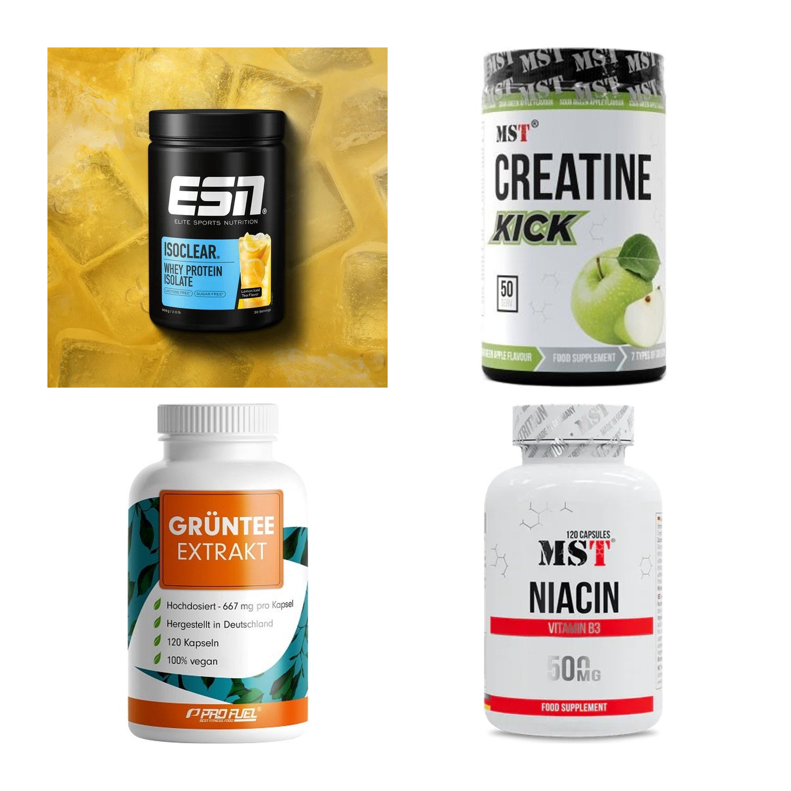 Wettkampfvorbereitung: ESN ISOCLEAR + MST Creatine + 2 weitere – alle enthaltenen Artikel