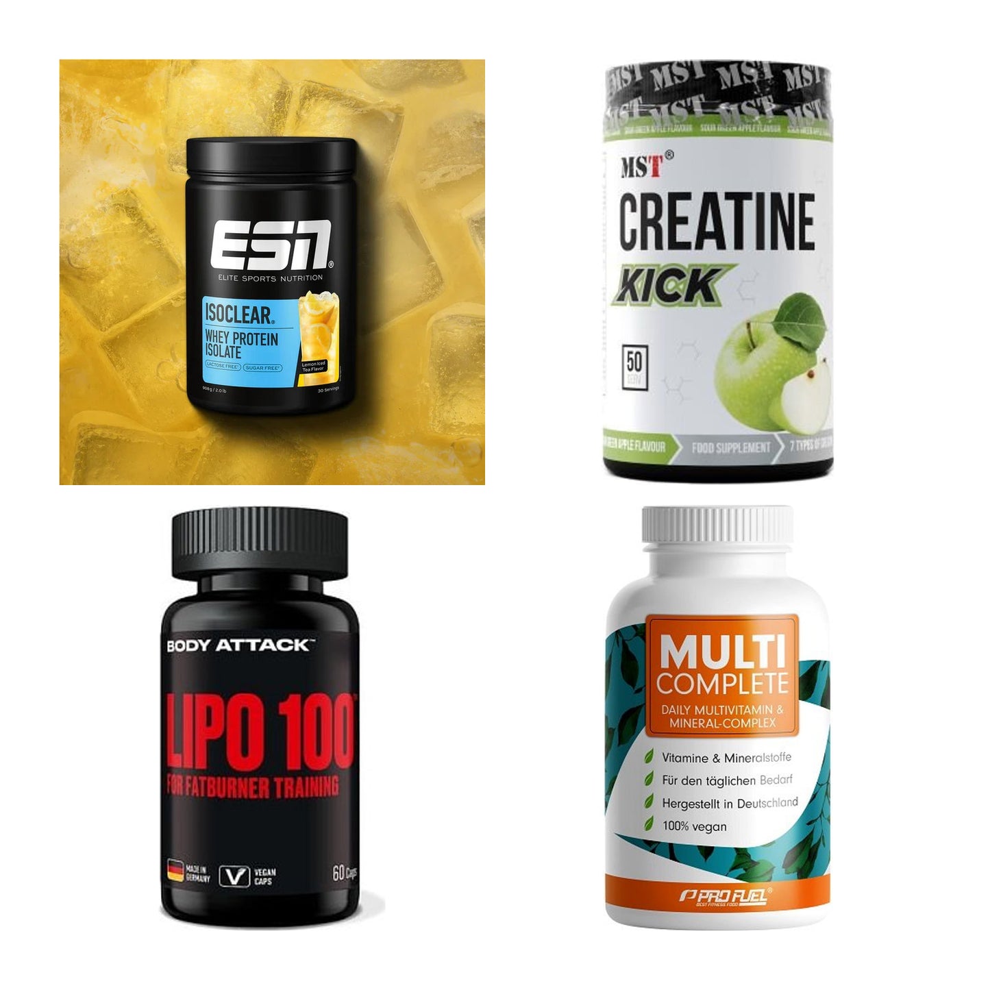 Wettkampfvorbereitung: ESN ISOCLEAR + MST Creatine + 2 weitere – alle enthaltenen Artikel