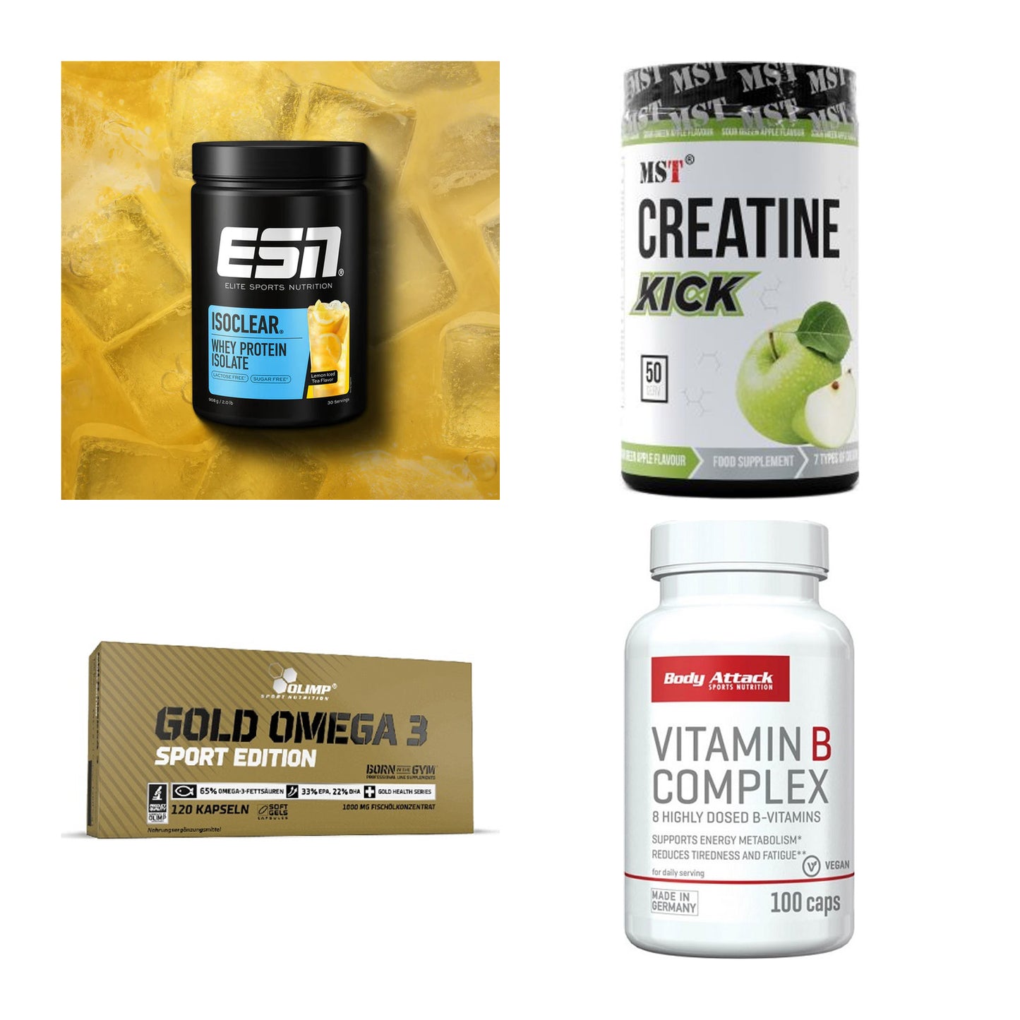 Wettkampfvorbereitung: ESN ISOCLEAR + MST Creatine + 2 weitere – alle enthaltenen Artikel