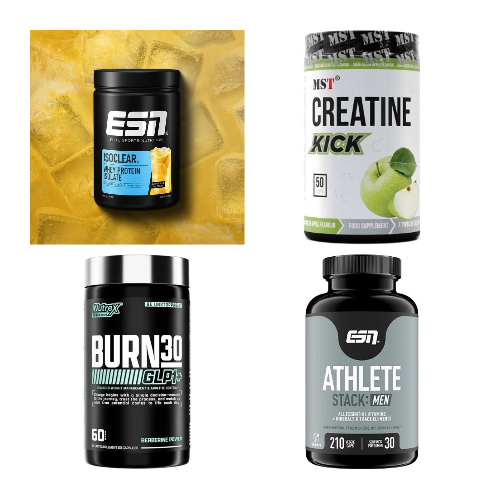 Wettkampfvorbereitung: ESN ISOCLEAR + MST Creatine + 2 weitere – alle enthaltenen Artikel