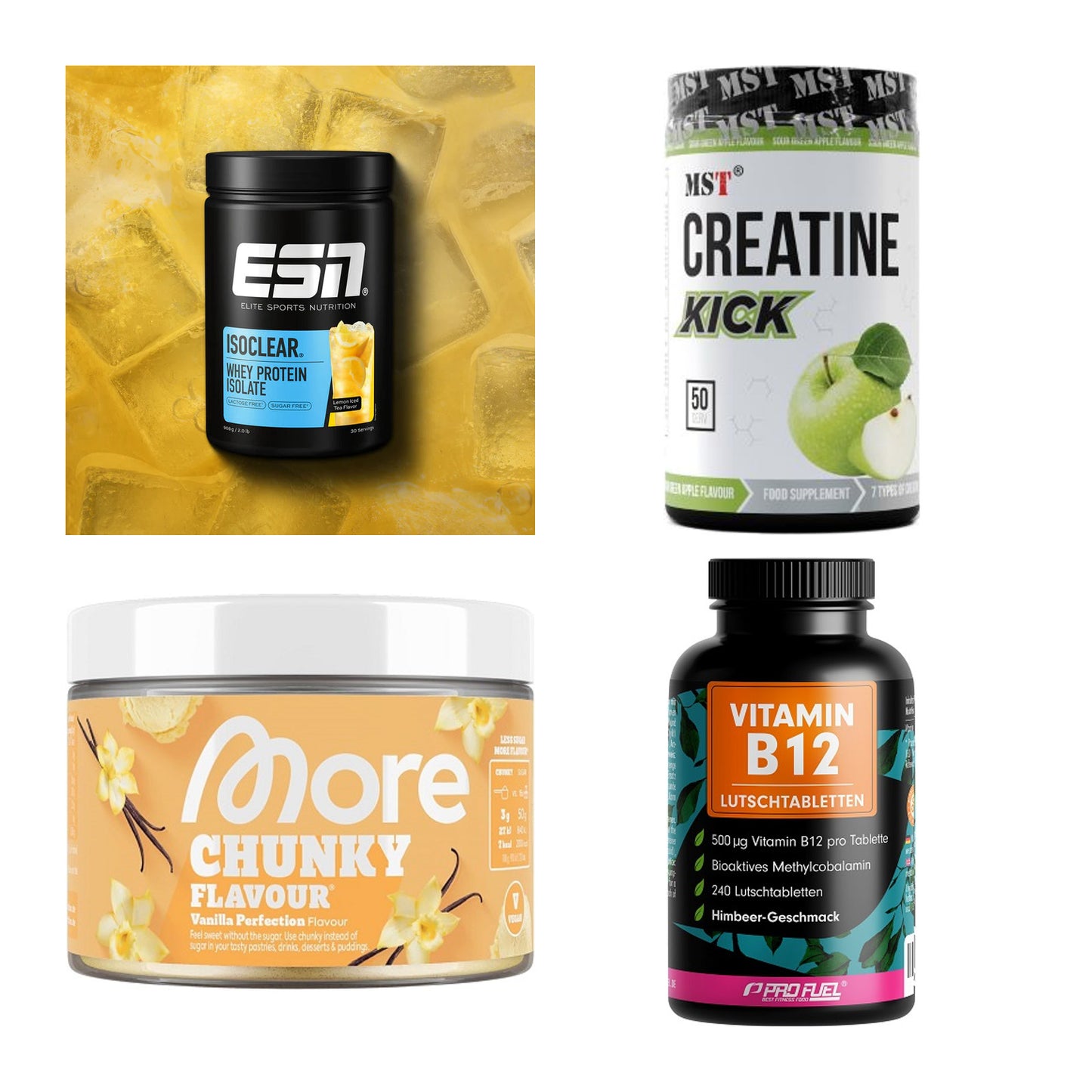 Wettkampfvorbereitung: ESN ISOCLEAR + MST Creatine + 2 weitere – alle enthaltenen Artikel