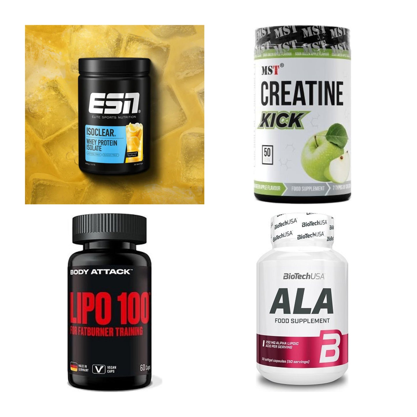 Wettkampfvorbereitung: ESN ISOCLEAR + MST Creatine + 2 weitere – alle enthaltenen Artikel