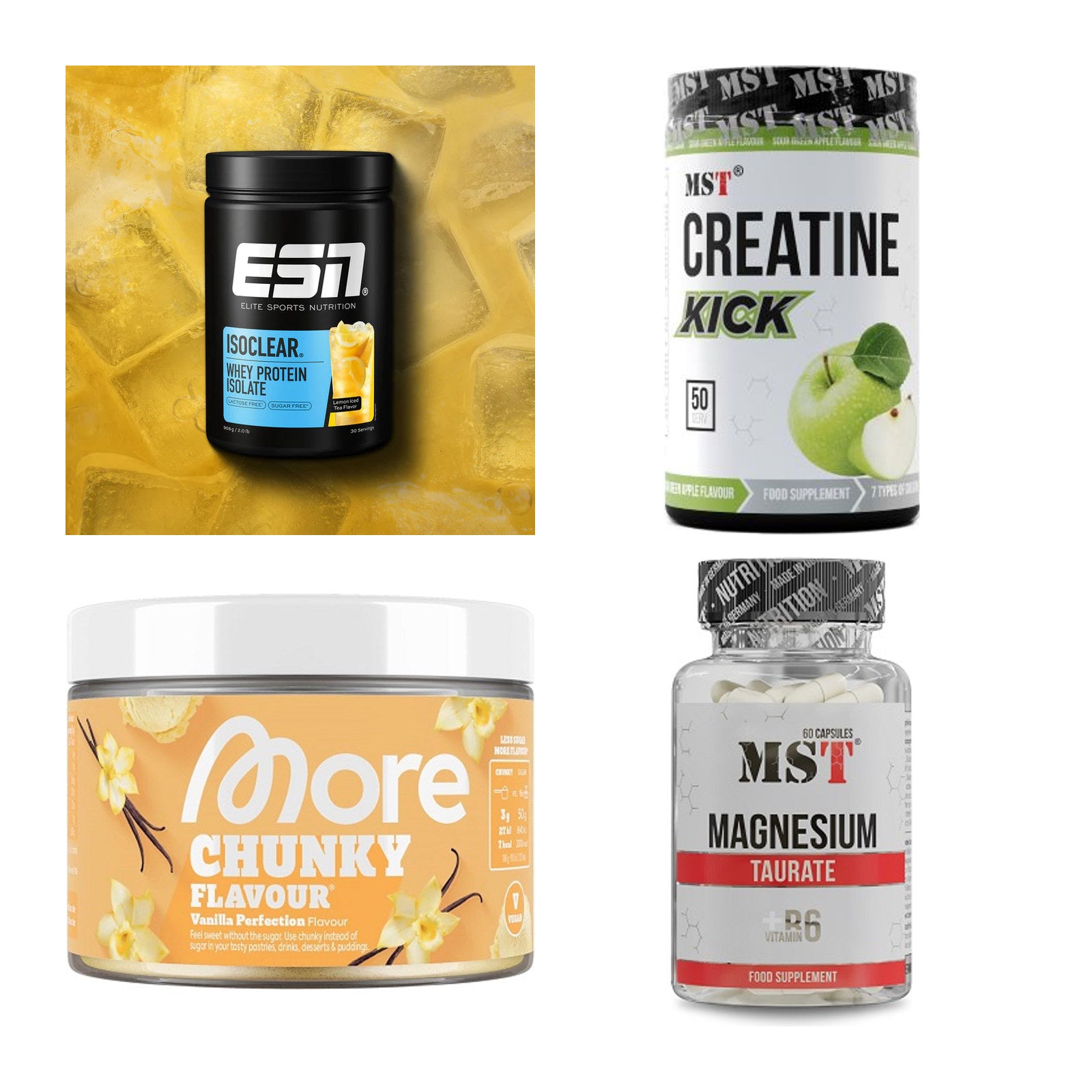 Wettkampfvorbereitung: ESN ISOCLEAR + MST Creatine + 2 weitere – alle enthaltenen Artikel