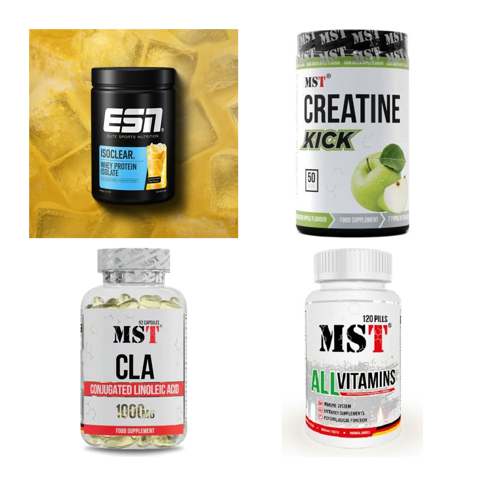 Wettkampfvorbereitung: ESN ISOCLEAR + MST Creatine + 2 weitere – alle enthaltenen Artikel