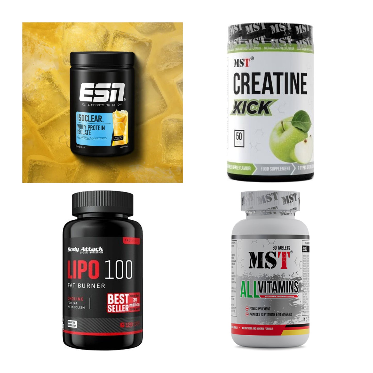Wettkampfvorbereitung: ESN ISOCLEAR + MST Creatine + 2 weitere – alle enthaltenen Artikel