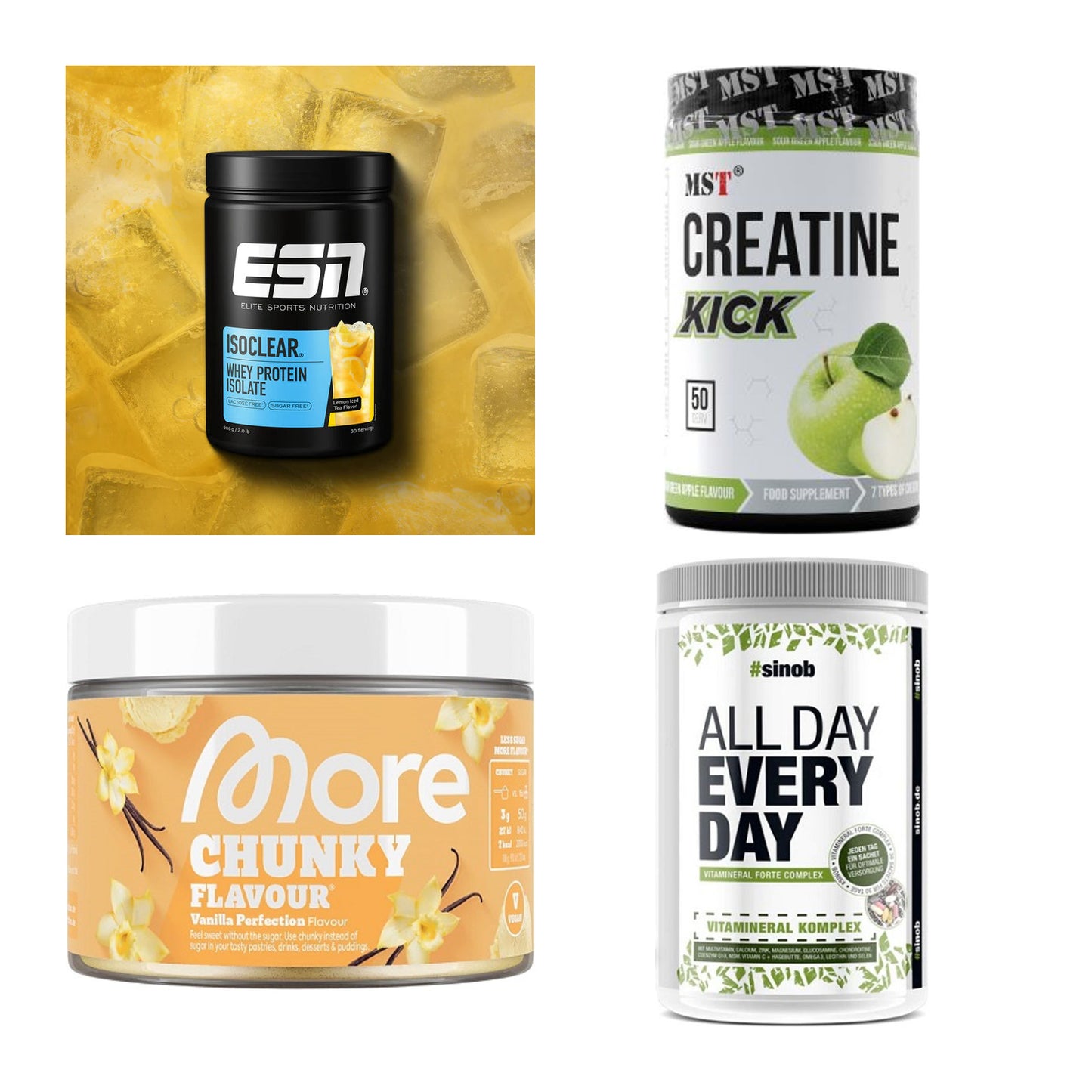 Wettkampfvorbereitung: ESN ISOCLEAR + MST Creatine + 2 weitere – alle enthaltenen Artikel