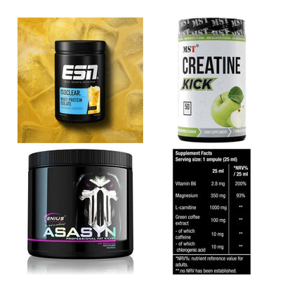 Wettkampfvorbereitung: ESN ISOCLEAR + MST Creatine + 2 weitere – alle enthaltenen Artikel