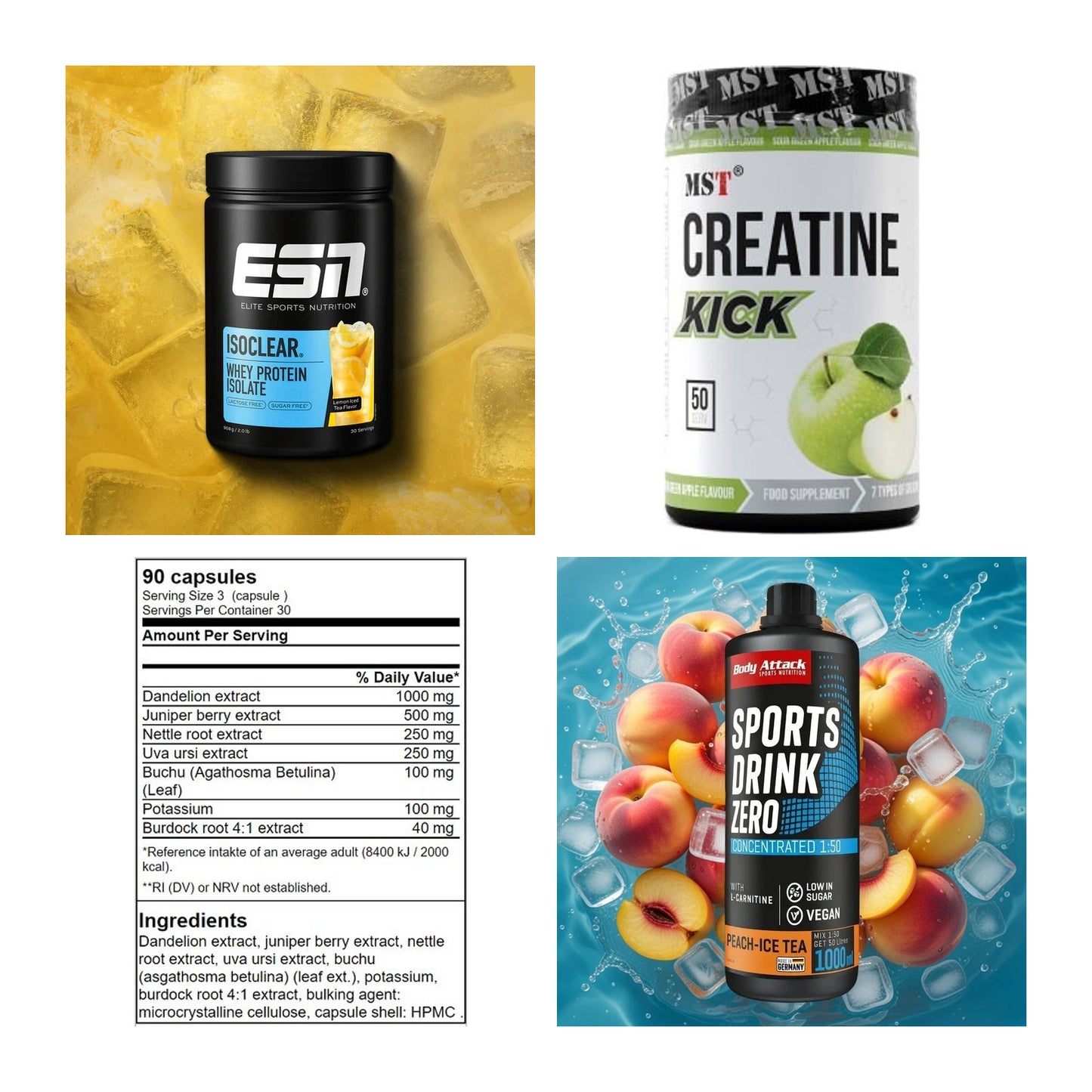 Wettkampfvorbereitung: ESN ISOCLEAR + MST Creatine + 2 weitere – alle enthaltenen Artikel