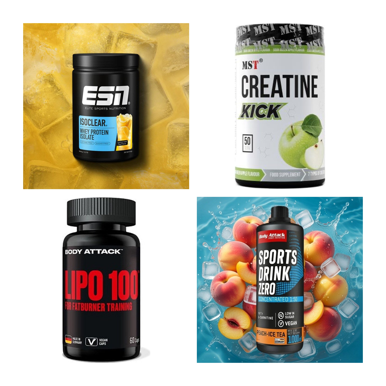 Wettkampfvorbereitung: ESN ISOCLEAR + MST Creatine + 2 weitere – alle enthaltenen Artikel