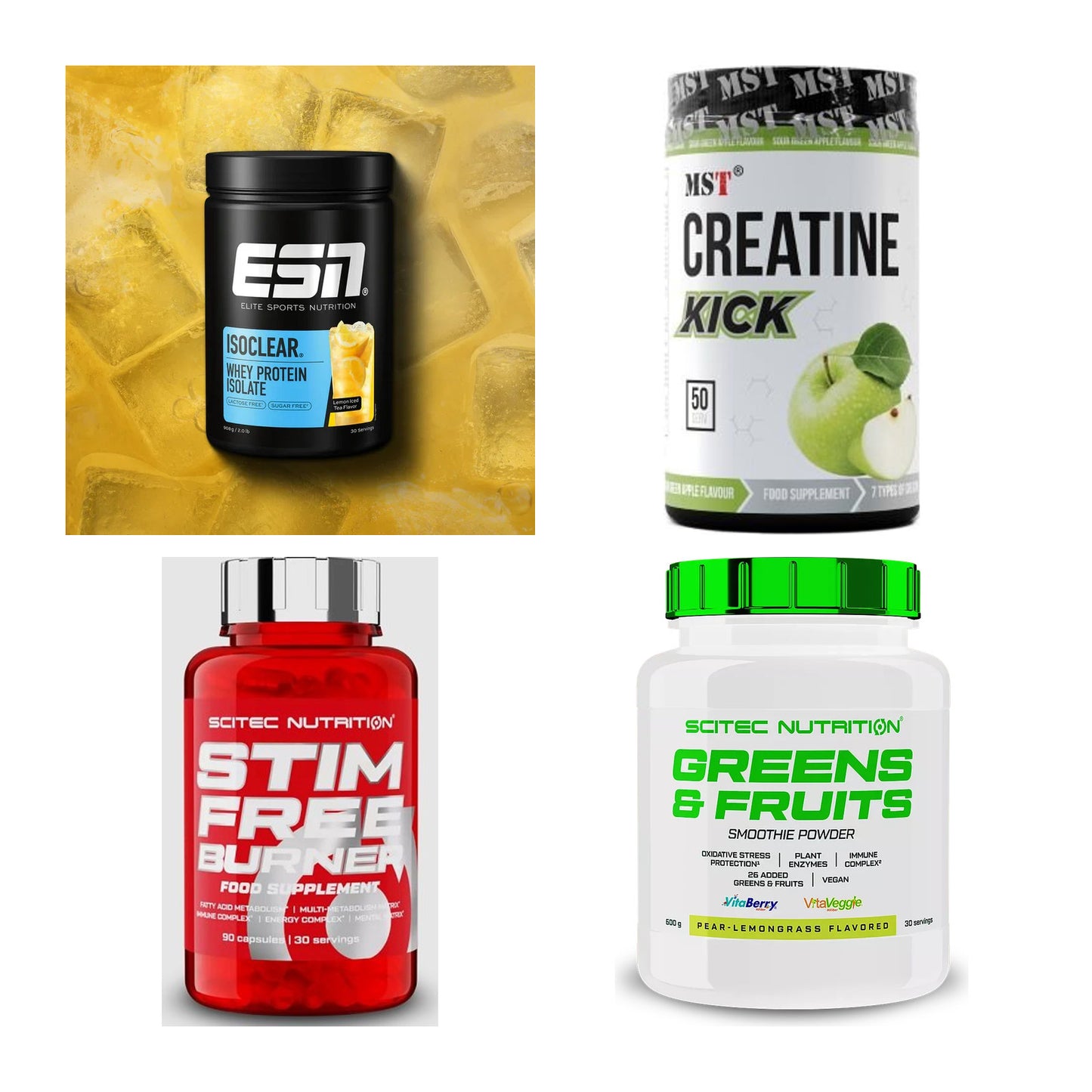 Wettkampfvorbereitung: ESN ISOCLEAR + MST Creatine + 2 weitere – alle enthaltenen Artikel