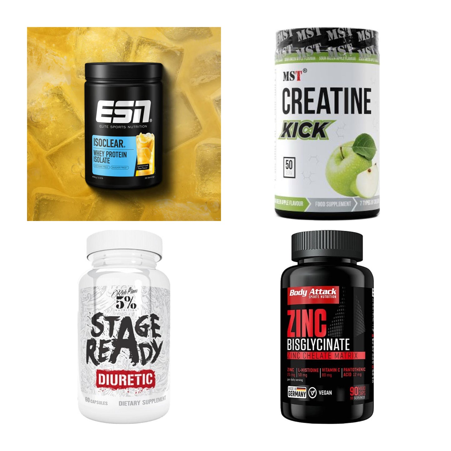 Wettkampfvorbereitung: ESN ISOCLEAR + MST Creatine + 2 weitere – alle enthaltenen Artikel