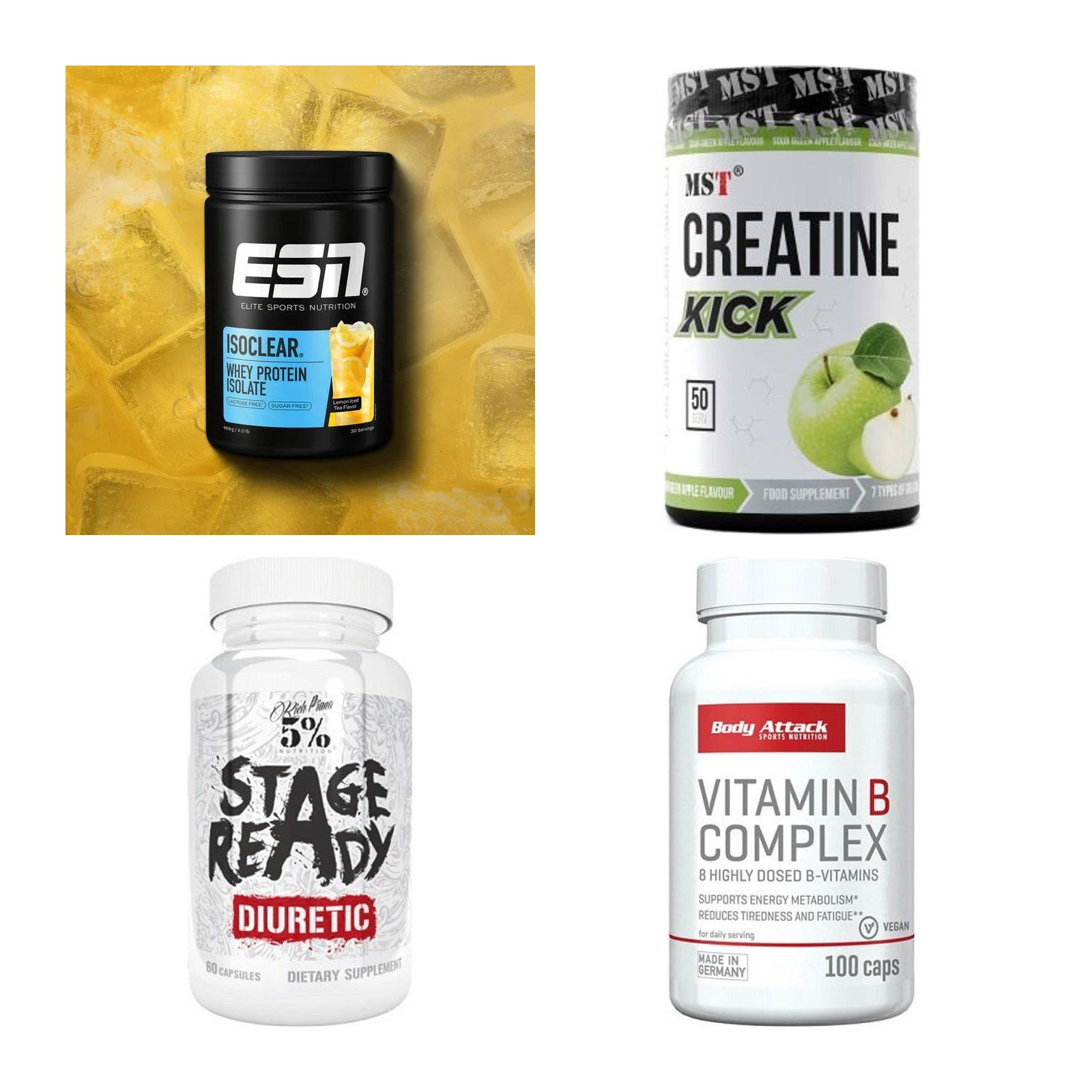 Wettkampfvorbereitung: ESN ISOCLEAR + MST Creatine + 2 weitere – alle enthaltenen Artikel