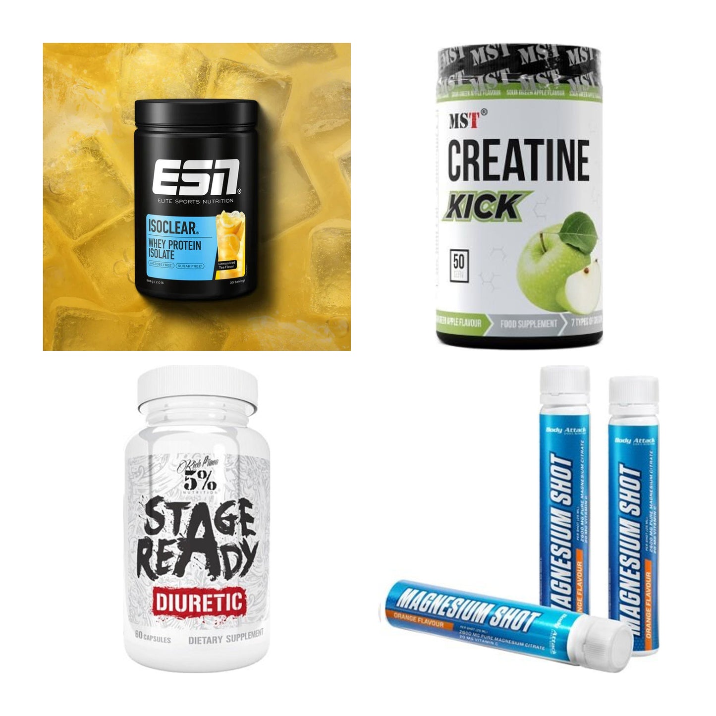 Wettkampfvorbereitung: ESN ISOCLEAR + MST Creatine + 2 weitere – alle enthaltenen Artikel