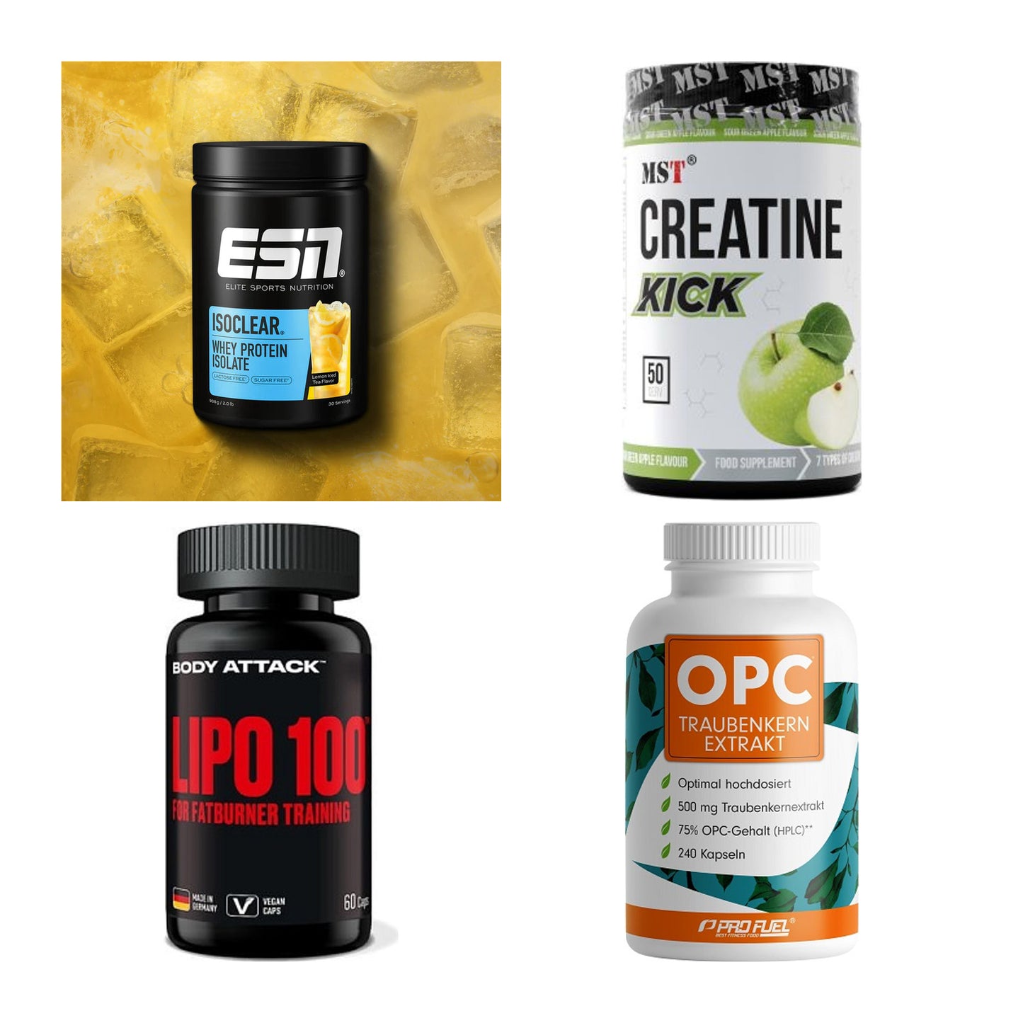 Wettkampfvorbereitung: ESN ISOCLEAR + MST Creatine + 2 weitere – alle enthaltenen Artikel
