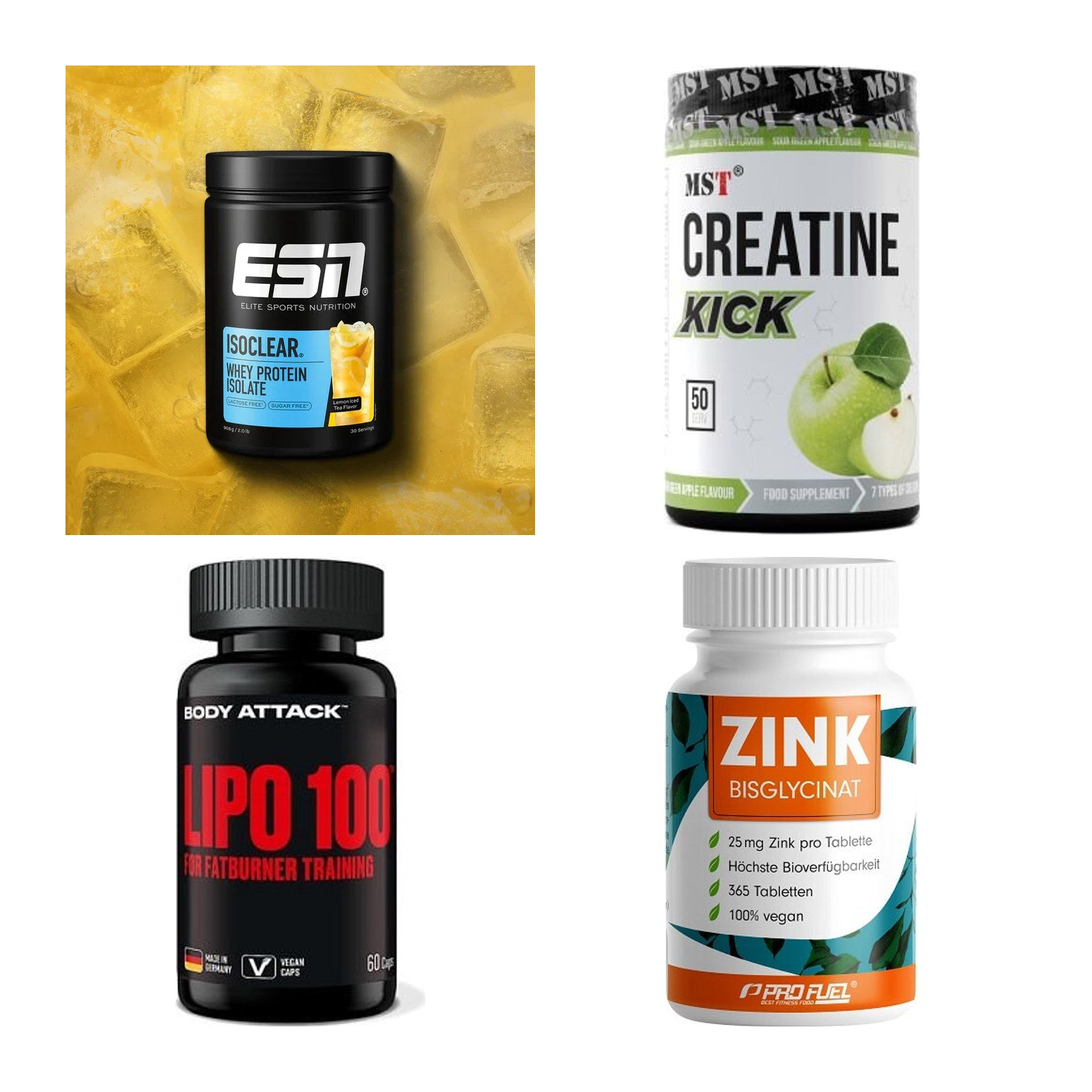 Wettkampfvorbereitung: ESN ISOCLEAR + MST Creatine + 2 weitere – alle enthaltenen Artikel
