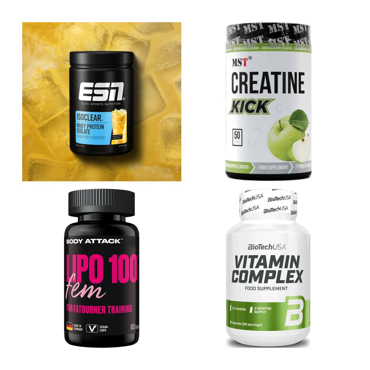 Wettkampfvorbereitung: ESN ISOCLEAR + MST Creatine + 2 weitere – alle enthaltenen Artikel