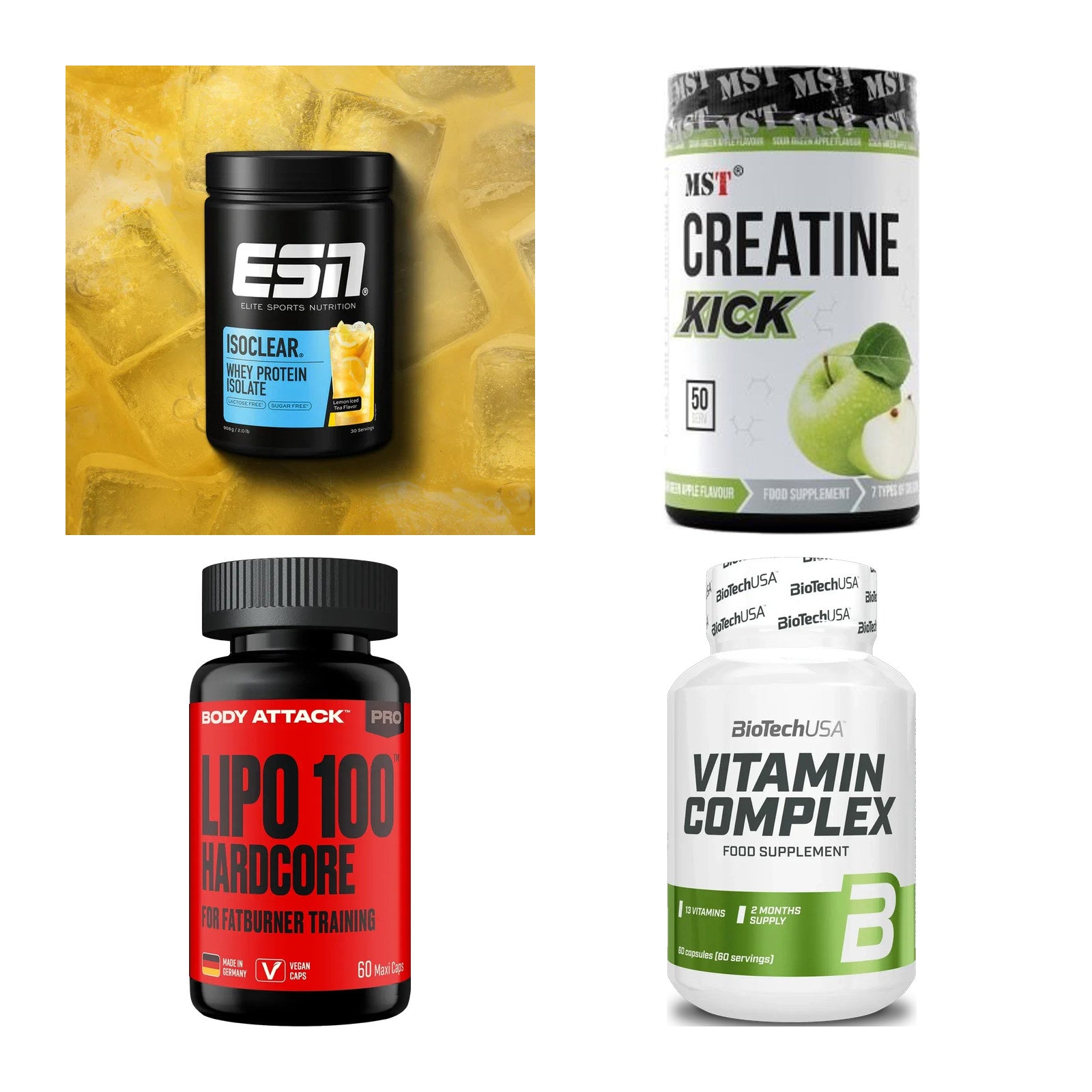 Wettkampfvorbereitung: ESN ISOCLEAR + MST Creatine + 2 weitere – alle enthaltenen Artikel