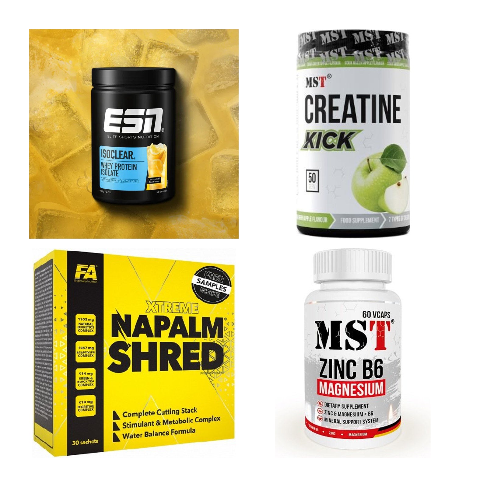 Wettkampfvorbereitung: ESN ISOCLEAR + MST Creatine + 2 weitere – alle enthaltenen Artikel